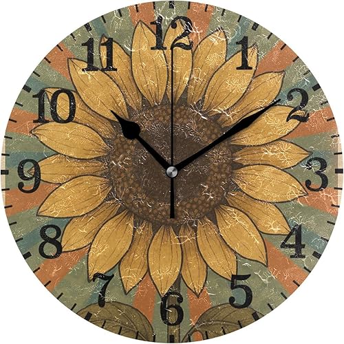 KLL Retro Sunflower Poster 10 Inch Round Contemporary Wall Clocks Non Ticking Indoor for Bedroom Dining Room Bedroom reloj de pared para sala