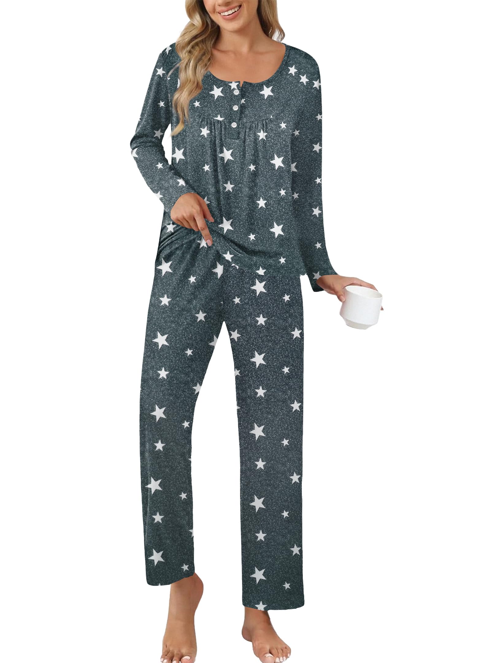 Ekouaer Pajamas for Women Set Long Sleeve Sleepwear Top Pants Pjs Comfy 2 Piece Lounge Set with Pockets