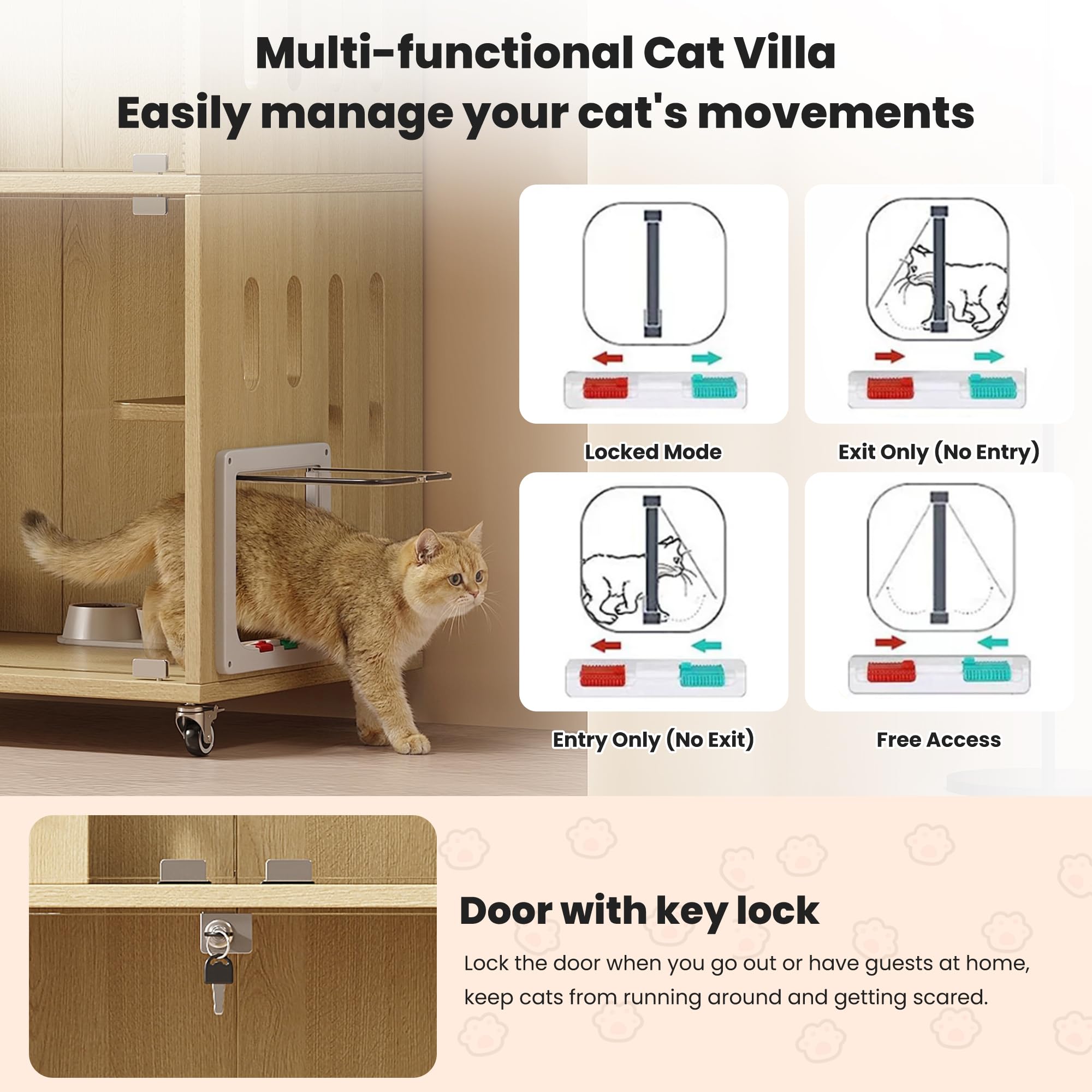 SACOOL Jaula móvil para gatos, interior de casa, armario para mascotas, con cierre de llave, puerta de entrada/salida, color madera natural, 90 x 50 x 166 cm