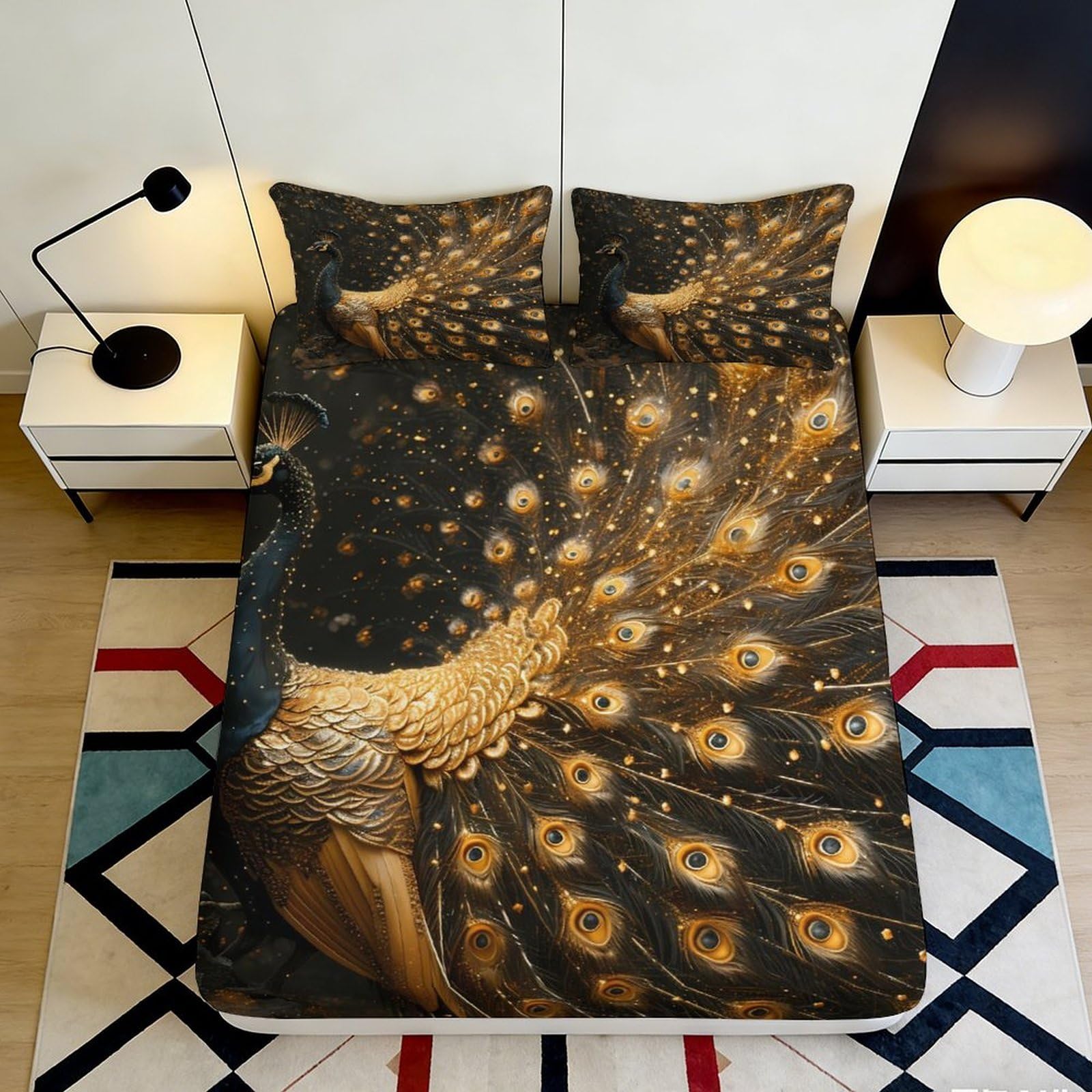 Pnayamiorkfel Style-2 3D Printed Golden Peacock Fitted Sheet Microfiber Soft Non-Slip Mattress Cover Artistic Decor For Bedroom Guest Room 90X200x25cm
