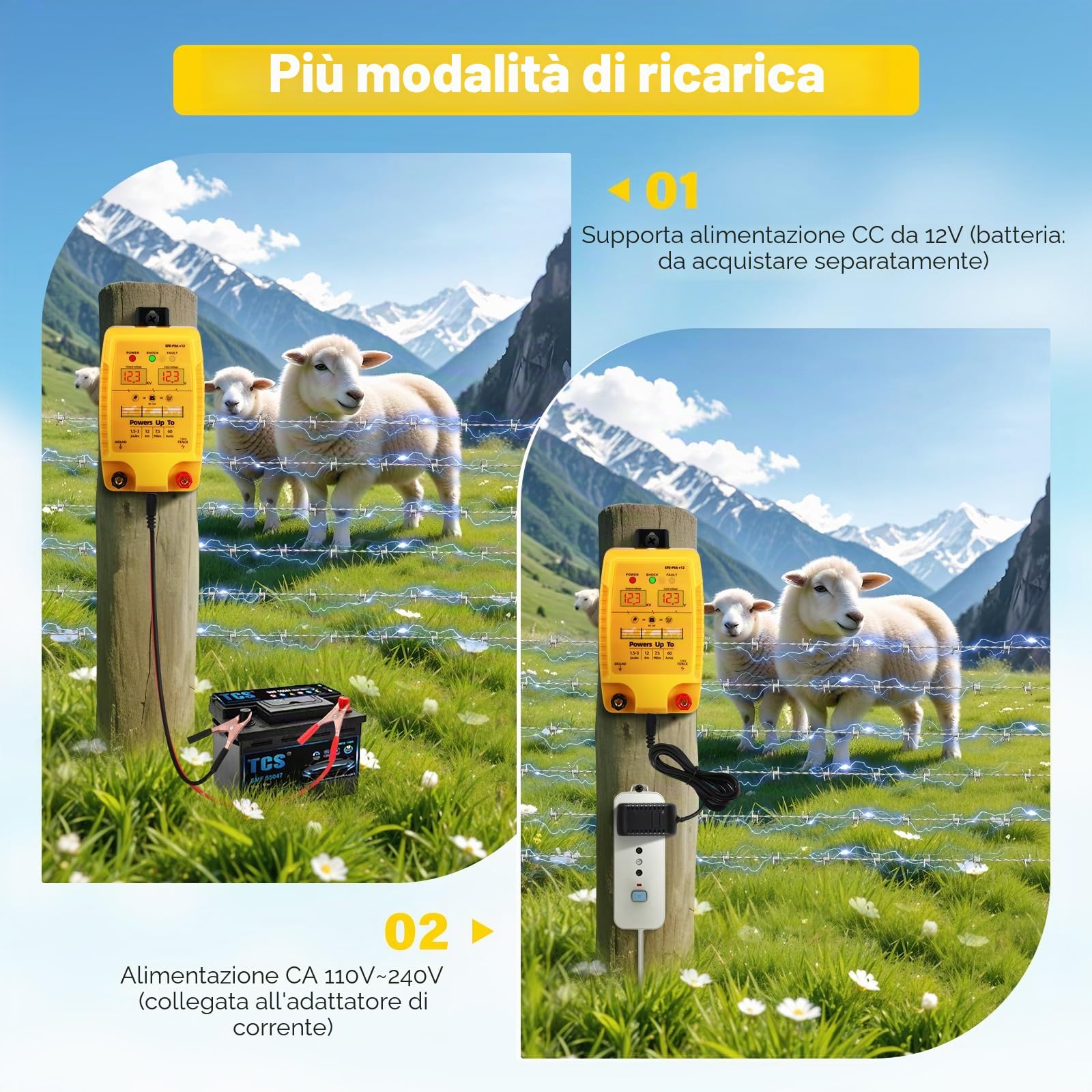 Recinzione elettrica da 12 V con display a LED, 2J 10 kV, recinzione elettrica impermeabile per 12 KM, display a LED, recinzione elettrica per bovini, pecore, pollame, bestiame, centralina per la