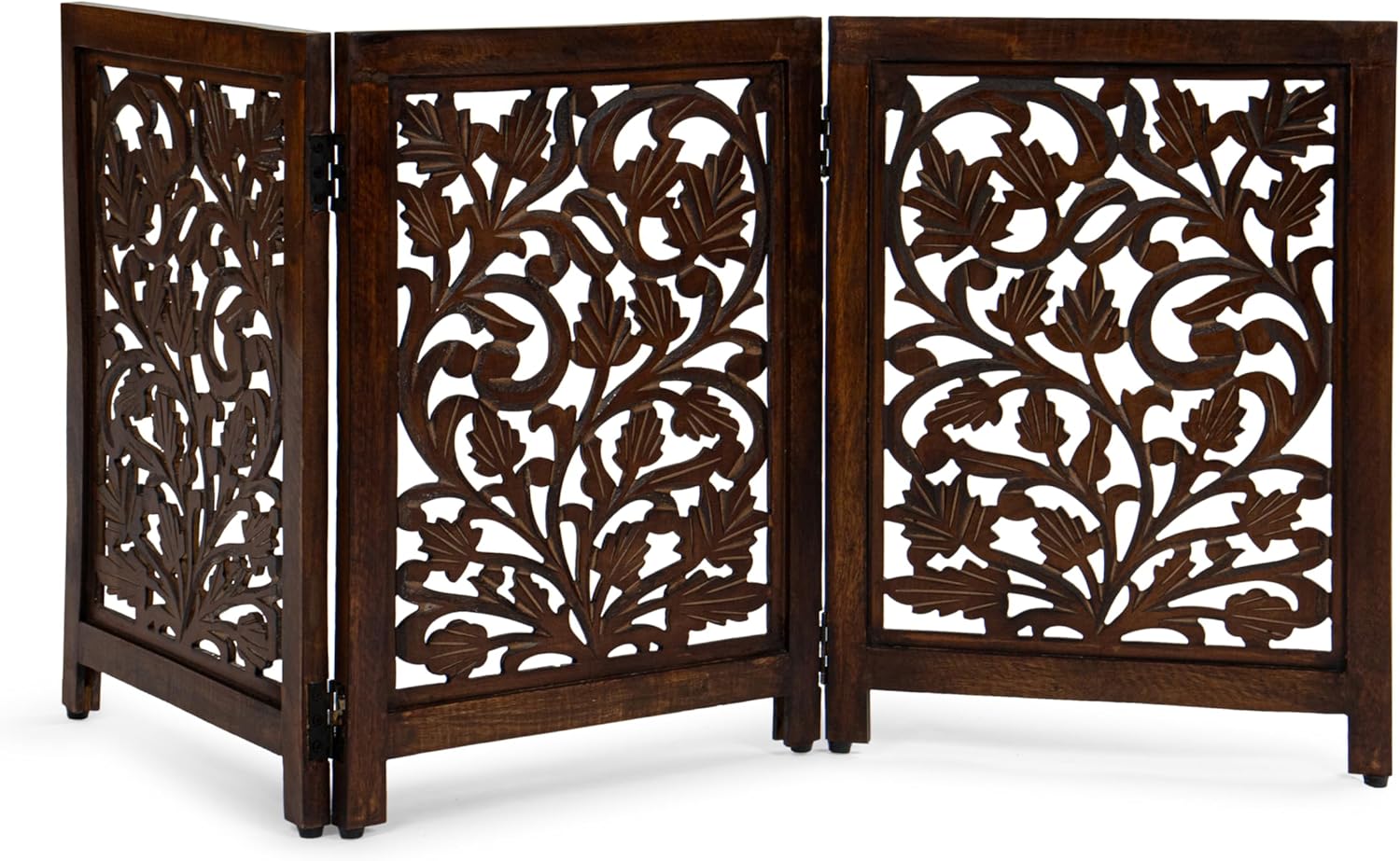 Devla Pet Gate for Dogs & Pets – Freestanding 3 Panel Foldable Indoor Safety Gate with Elegant Walnut Brown Finish – Ideal for Stairs, Hallways, Doorways -Wooden Barrier for Multiple Pets