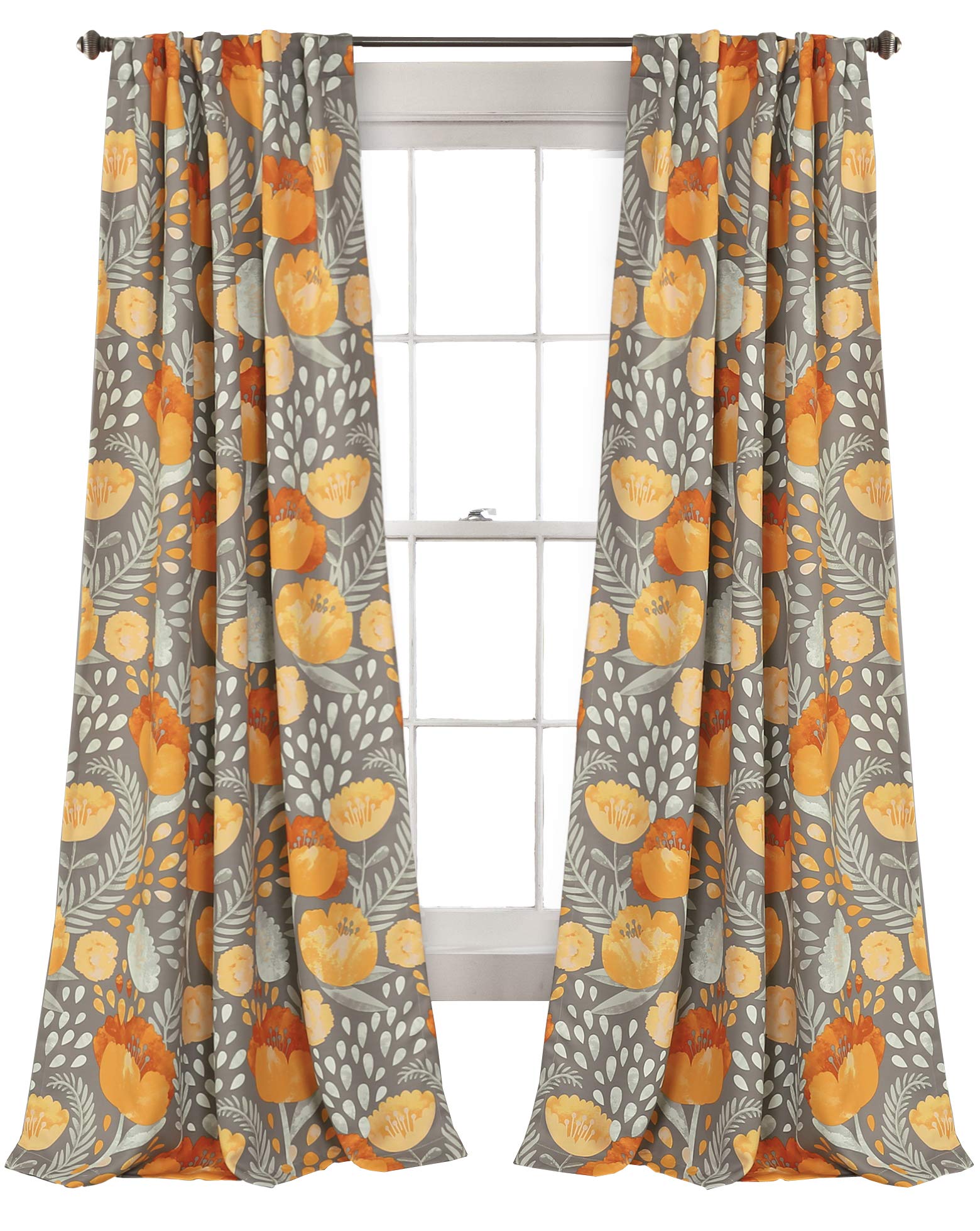 Lush Decor Poppy Garden Curtains Room Darkening Window Panel Set for Living, Dining, Bedroom, 84" L Pair, Yellow & Gray