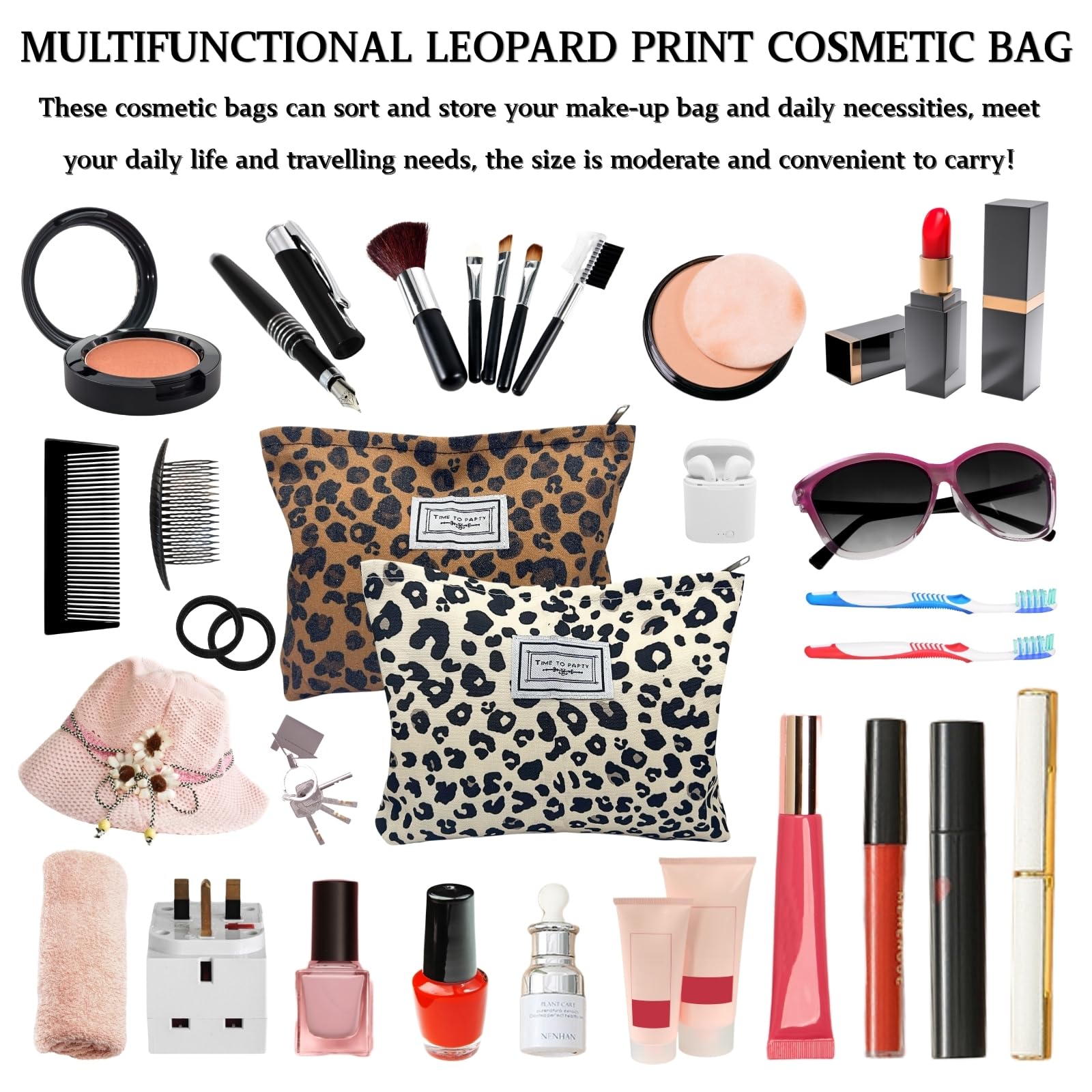 KEYRI 2 Pcs Makeup Pouch Canvas Leopard Cosmetic Pouch Storage Zipper Multifunctional Cosmetic Handy Pursefor Daily Use Purse Portable Travel Toiletry WashBag for Women Girls (Leopard) - Image 4