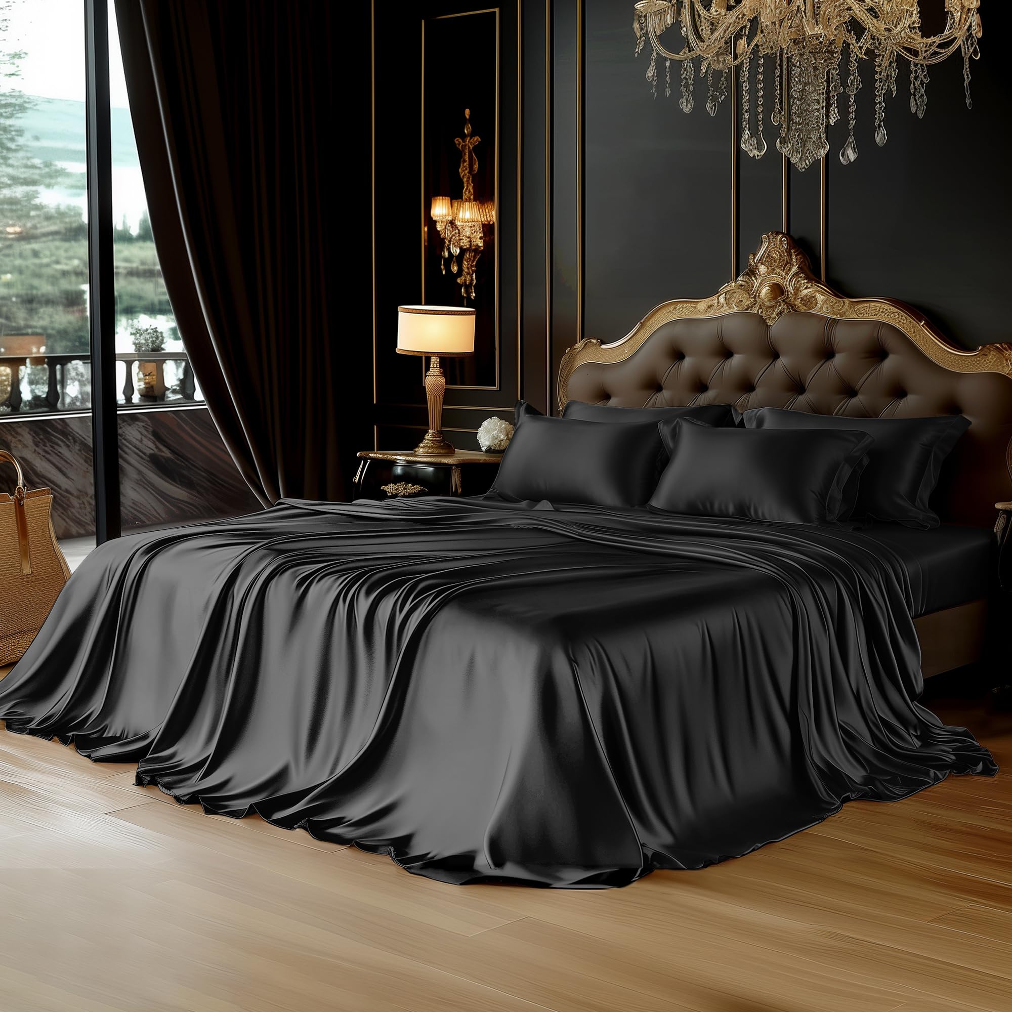Degrees of Comfort Black Satin Sheet Set for Queen Size Bed – 6 Piece Silky and Soft Sheets with 14 Inches Deep Pocket
