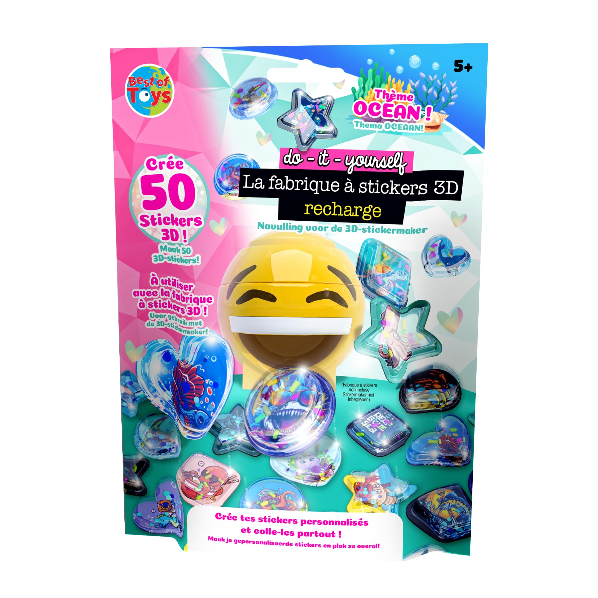 BEST OF TOYS – Pack de 50 recambios para la fábrica de pegatinas 3D – Permite crear 50 pegatinas 3D 100% personalizadas – Ocio creativo – A partir de 5 años – Tema aleatorio Safari u Océano