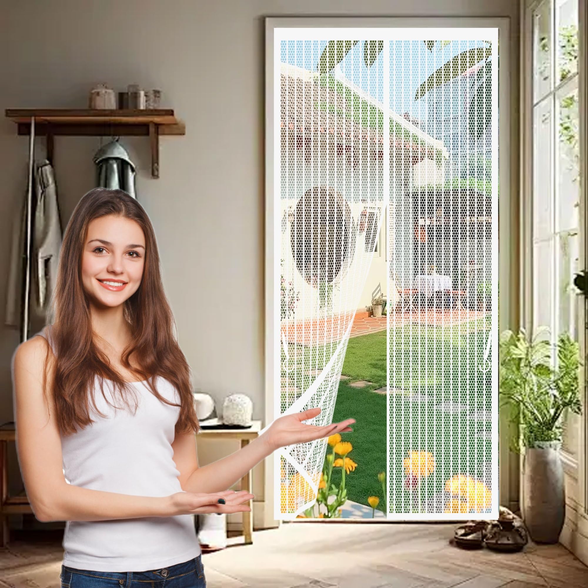 Magnetic Fly Insect Screen Door 99 x 189 cm Powerful Magnets, Self-Sealing, Polyester Fly Screen Curtain Lets Fresh Air, Easy to Install Pet and Kid Friendly, White