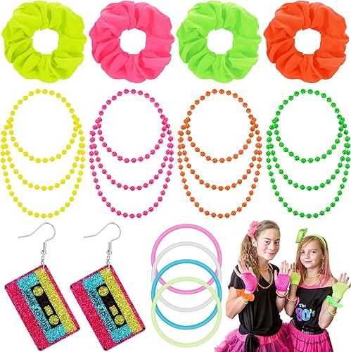 Accesorios de los años 80 para mujer, aretes de neón, collar, aros de gelatina, brazaletes de hip hop, regalo de fiesta de neón, accesorios de