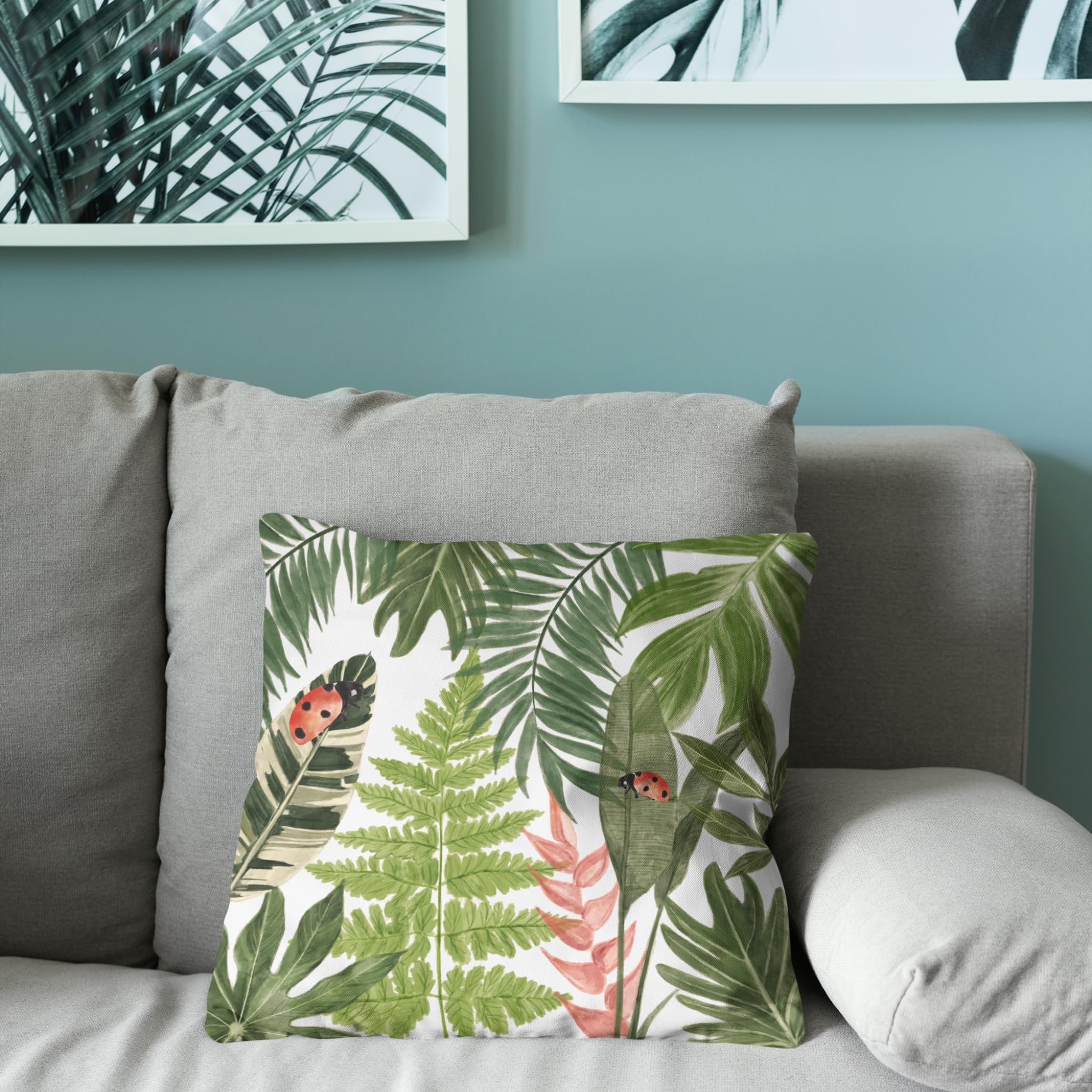 Botanical & Floral Printed Canvas Cotton Pillow Cover, 16"x16" (40cm x 40cm), Sofa & Bed Cushion Cover- Our Lady Beetle Design, Decorative Home Decor