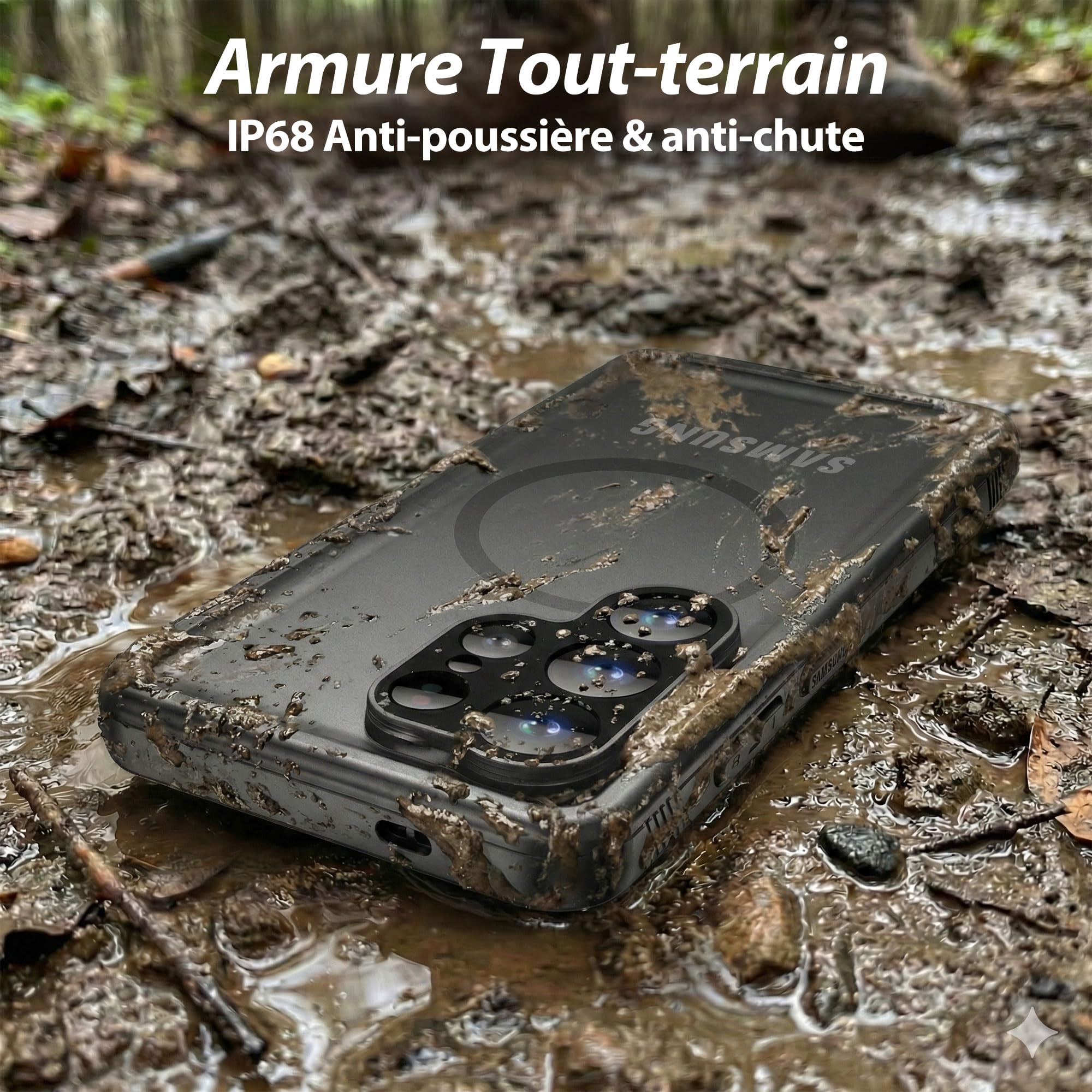 SPORTLINK Coque pour Samsung Galaxy S26 Ultra magnétique Compatible MagSafe, étanche IP68, Protection Antichoc Militaire 360° intégrale, Anti-poussière, écran et caméra intégrés, avec Cordon – Noir