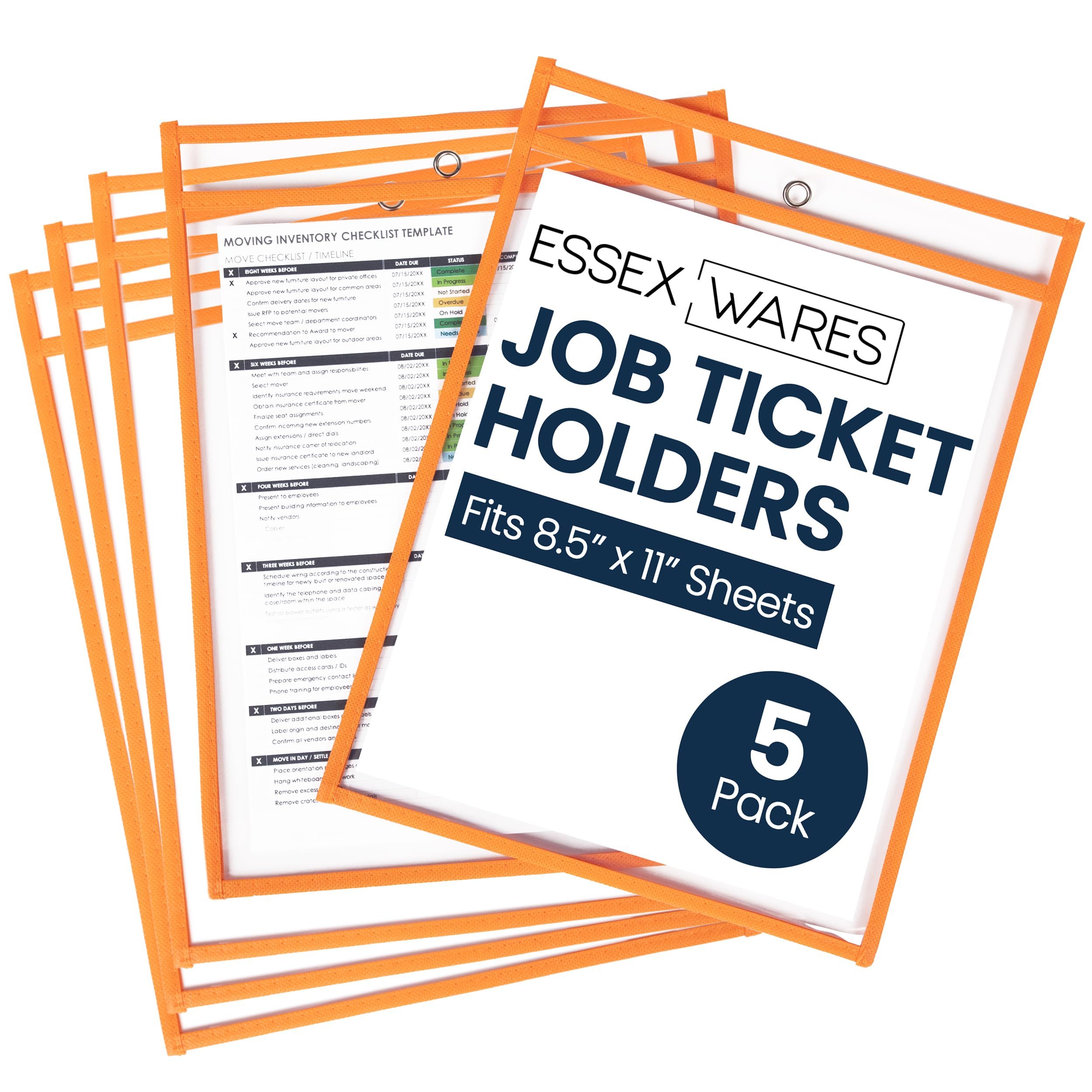 Essex Wares - 5 Pack, Orange, Job Ticket Holders, 10" Wide x 13.5" Tall - Clear Plastic Shop Ticket Holders - Easy to Use, Reusable & Easy Erase