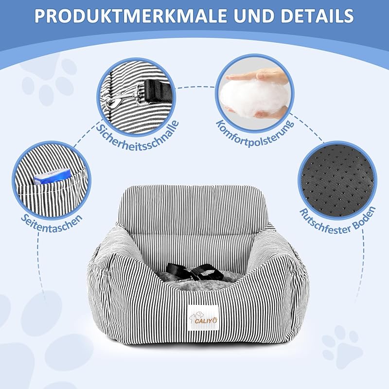 CALIYO Kutya Autóülés Biztonsági Övvel és Stabil Alappal, Kis Kutyáknak 10 kg-ig, Memory Foam Ülőke, Vízálló Mosható Fekete-Fehér