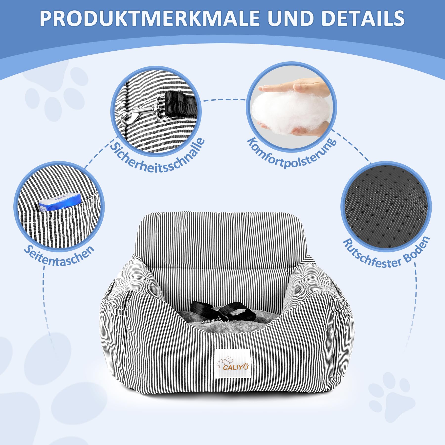 CALIYO Hundeautositz mit Stabiler Basis & Sicherheitsgurt | Hundesitz Auto für Kleine bis 10 kg | Memory Foam-Sitzauflage | Wasserdichter, Abwaschbarer Hundekorb mit Aufbewahrungstasche (Schwarz/Weiß)