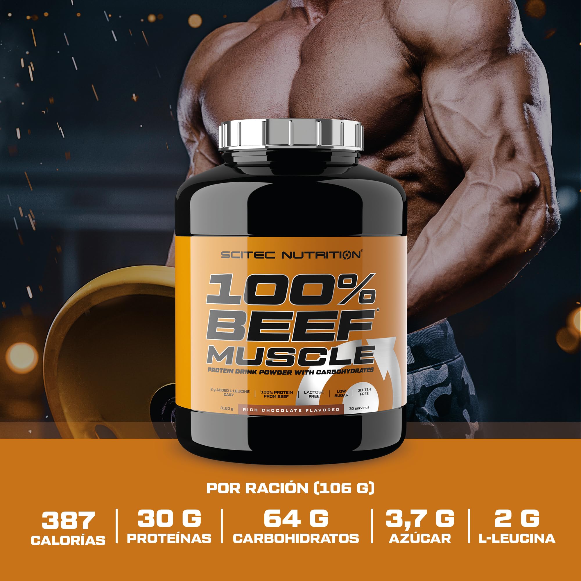 Scitec Nutrition 100% Beef Muscle - Proteína de carne de vacuno hidrolizada | Ganador de peso con carbohidratos - Con L-Leucina - Bajo contenido de azúcares, sin lactosa ni gluten - 3180 g, Chocolate