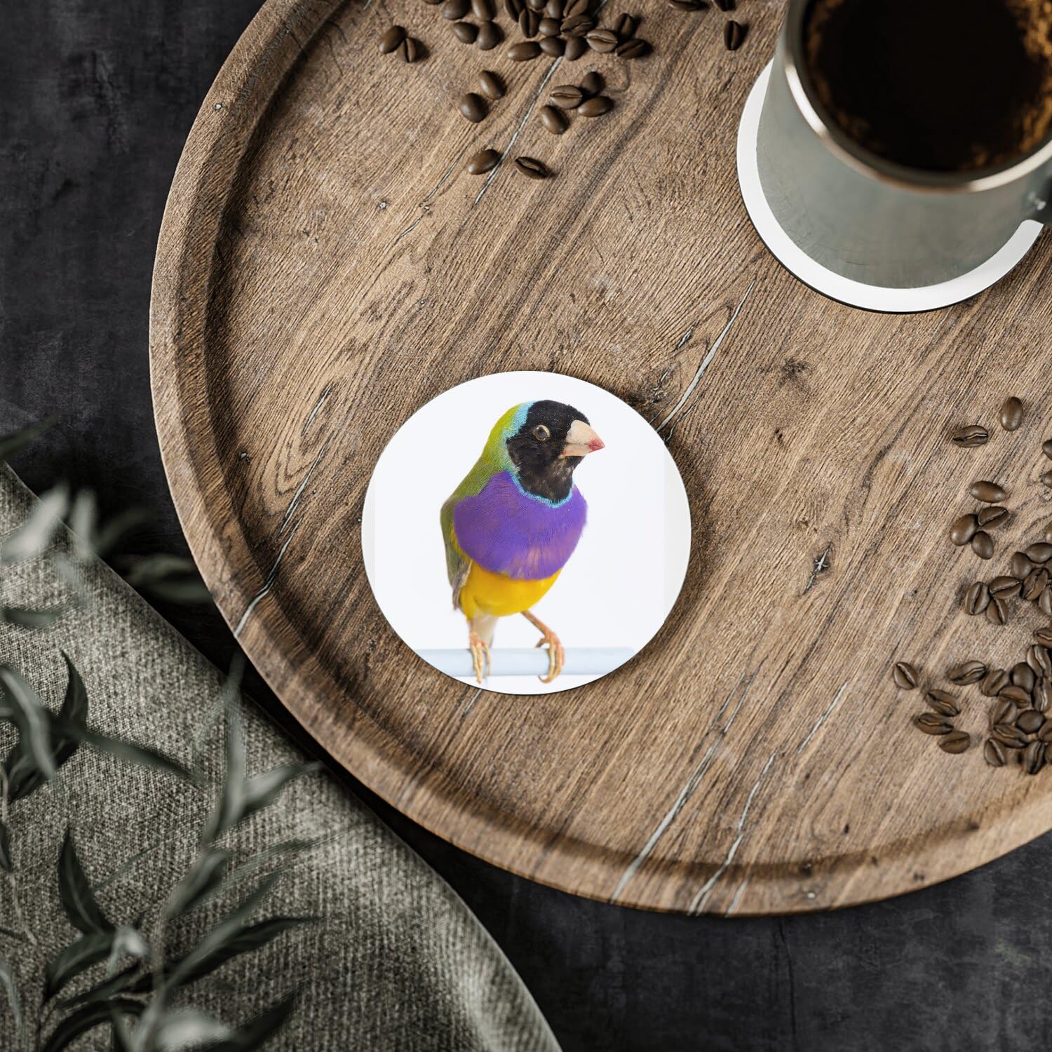Sottobicchiere rotondo in ceramica - Uccello esotico Gouldian Finch Multicolor - Set di 6 (108 x 108 mm)