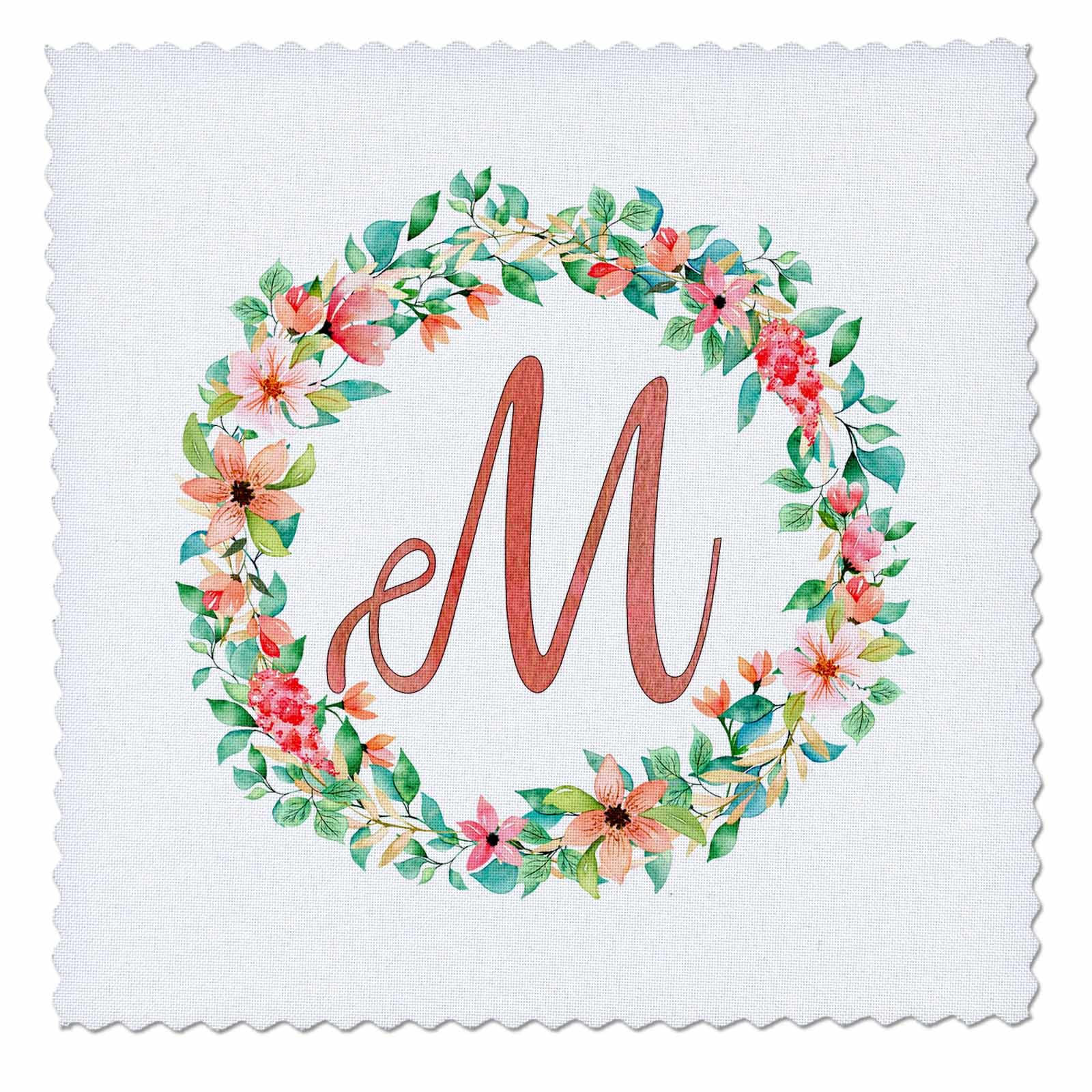 14x14 inch Quilt Square - Monogram M On an Image of A Watercolor Tropical Wreath Monograms