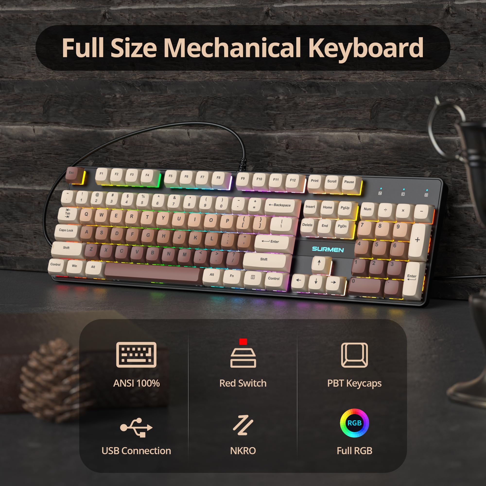SOLIDEE tastiera gaming meccanica 100%,US Layout QWERTY,Tastiera da Gioco Cablata 104 Tasti Retroilluminata RGB con Tastierino Numerico,Tastiera Meccanica NKRO per laptop Windows(104 Coffee)