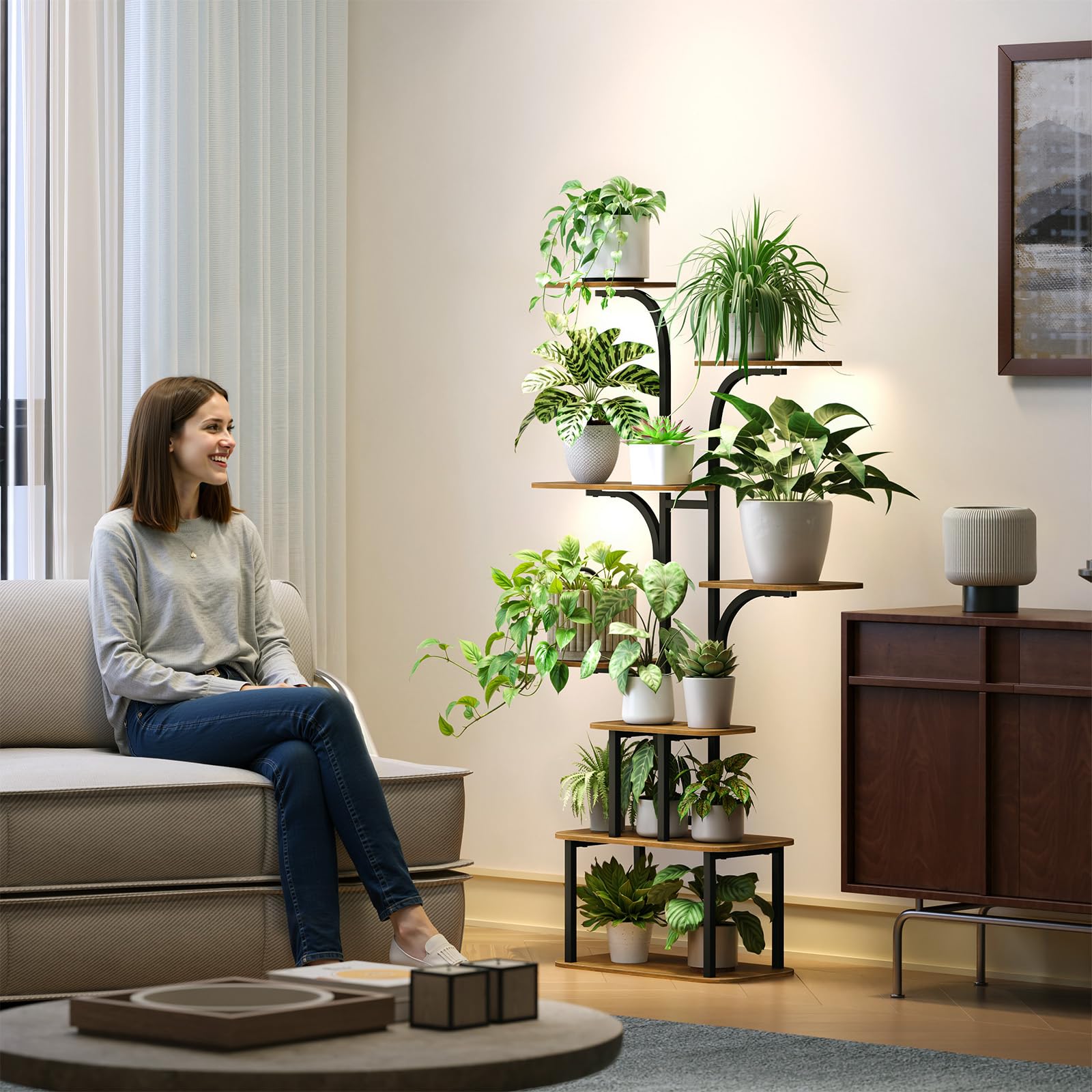 GoTiling Pflanzenregal Indoor mit LED Grow Light, 160cm Hoch 8 Etagen Blumenregal Metall & Holz, Mehrstöckiger Pflanzenständer für Wohnzimmer, Balkon, Fensterbank, Blumentöpfe & Kräuter