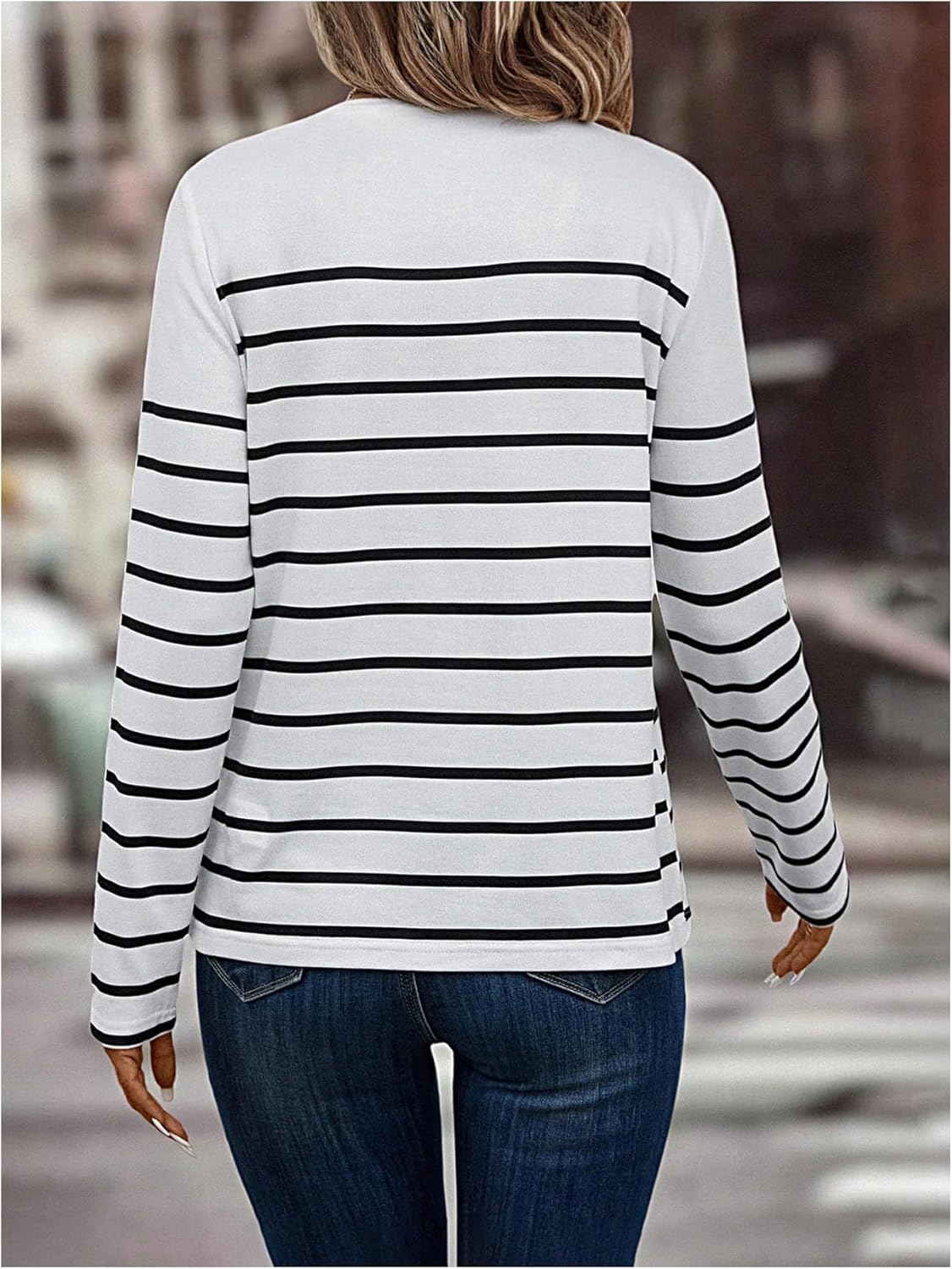 SweatyRocks Women's Striped Long Sleeve Tops Casual Crew Neck Button Front T Shirts Fall Outfits - Image 2
