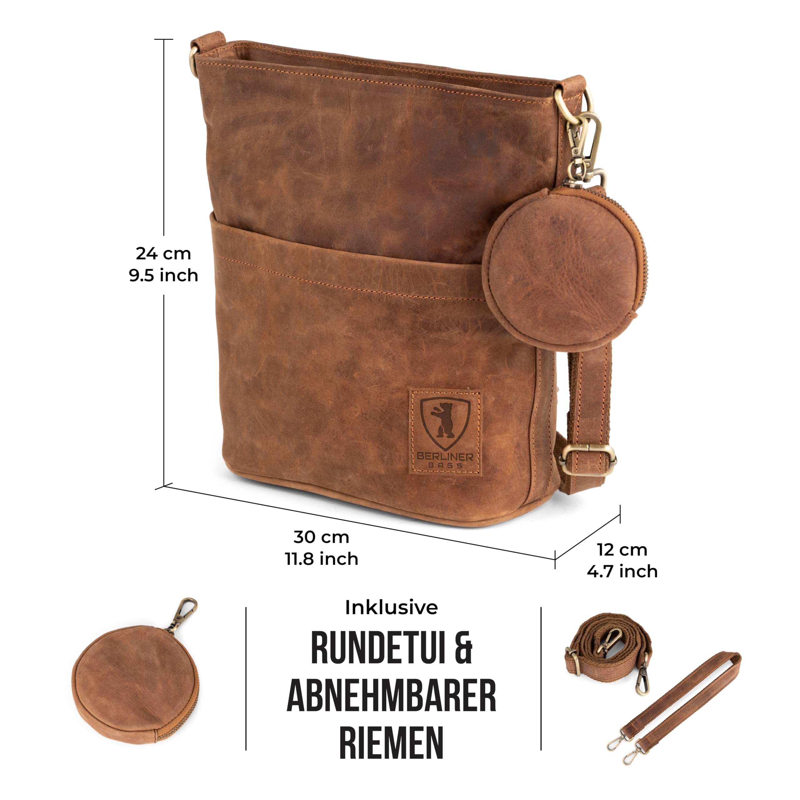Berliner Bags Vintage Schultertasche Sofia, Umhängetasche mit 2 Riemen aus Leder, Handtasche für Frauen - Braun