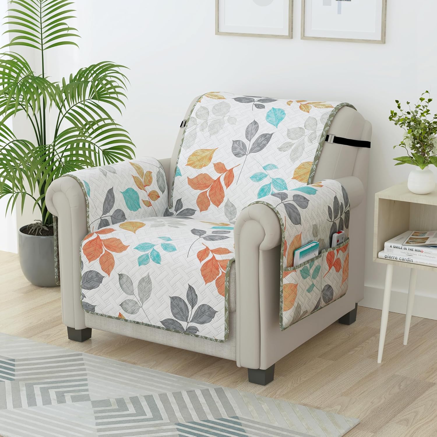 Story@Home Quilted Sofa Cover 1 Seater Fully Covered Stretchable Microfiber Reversible Sofa Cover 1 Seater 60 x 175 cm | White & Grey Leaf 1 Seater Sofa Cover for Living Room & Create Customized Set