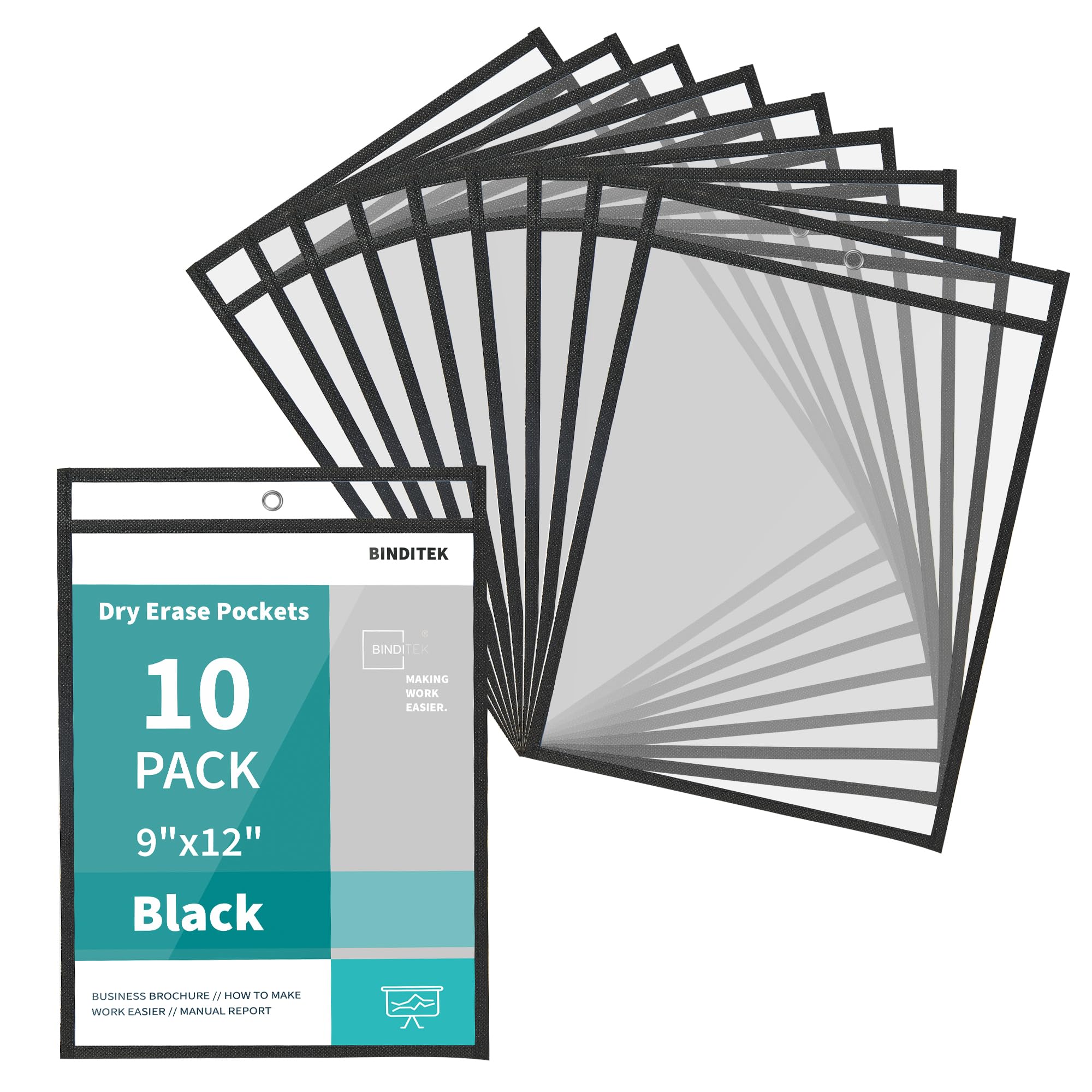 Binditek 10 Pack Dry Erase Pockets, 9 x 12 Inch Black Ticket Holders, Reusable Clear Plastic Sleeves for Letter Size, Shop Holder Order Pockets,