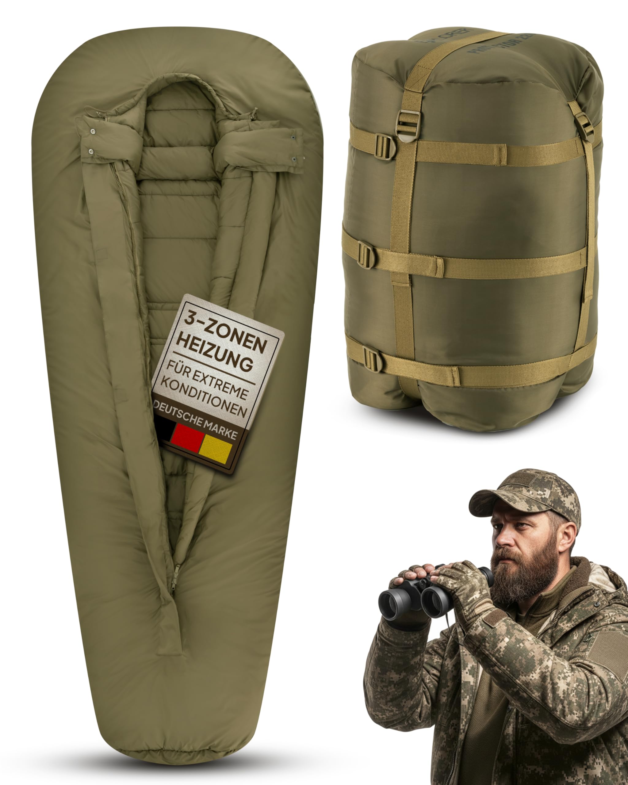 EXPLORER Beheizbarer Schlafsack | Protector 220 | (3-Stufen Heizung) | XXL Winterschlafsack 220x80cm | Extrem bis -32,9°C (450GSM) | BW Military Biwak Olivgrün für Camping, Angeln & Survival