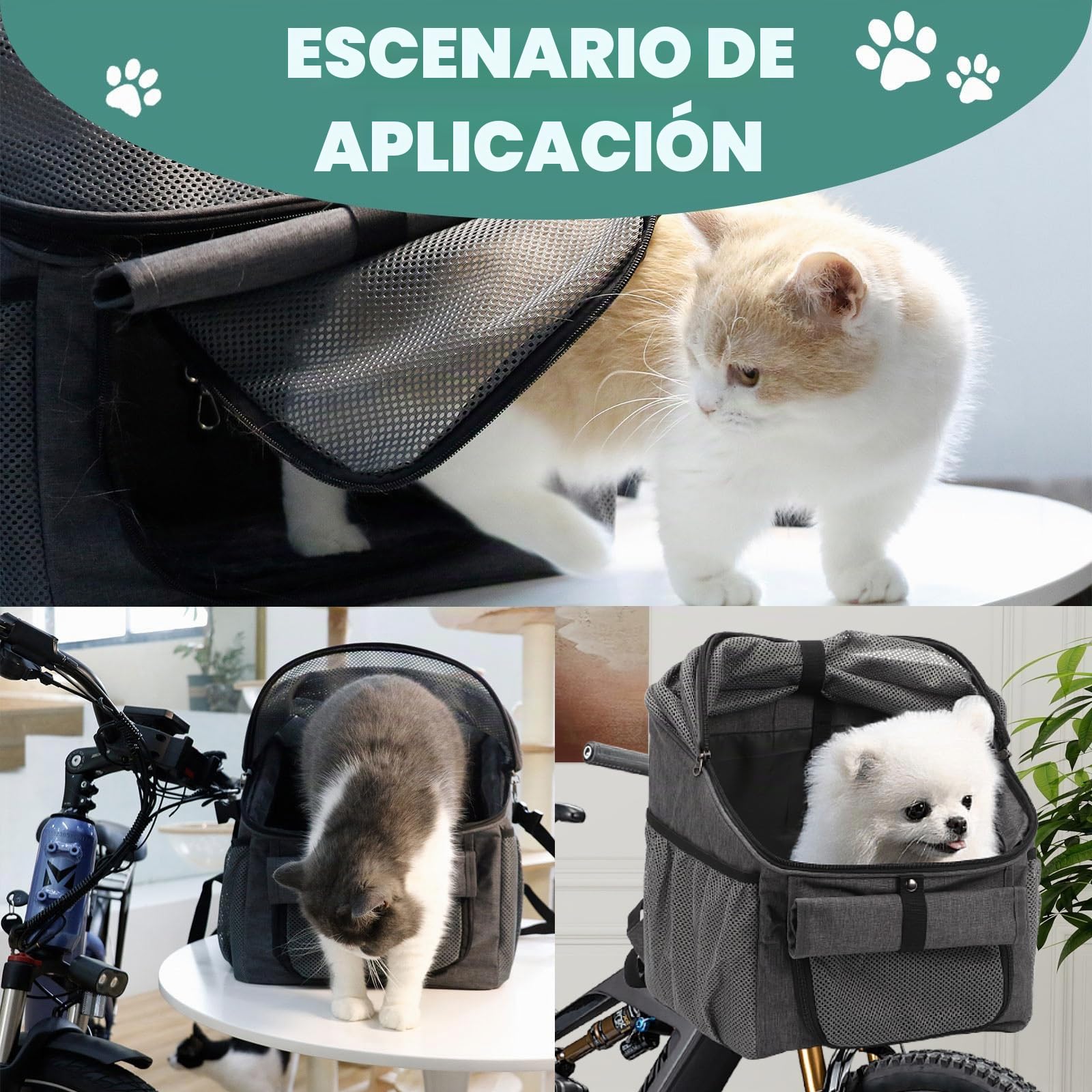 Cesta de bicicleta para mascotas con adaptador de manillar, cesta frontal plegable, bolsa de mochila para gato y perro con correa