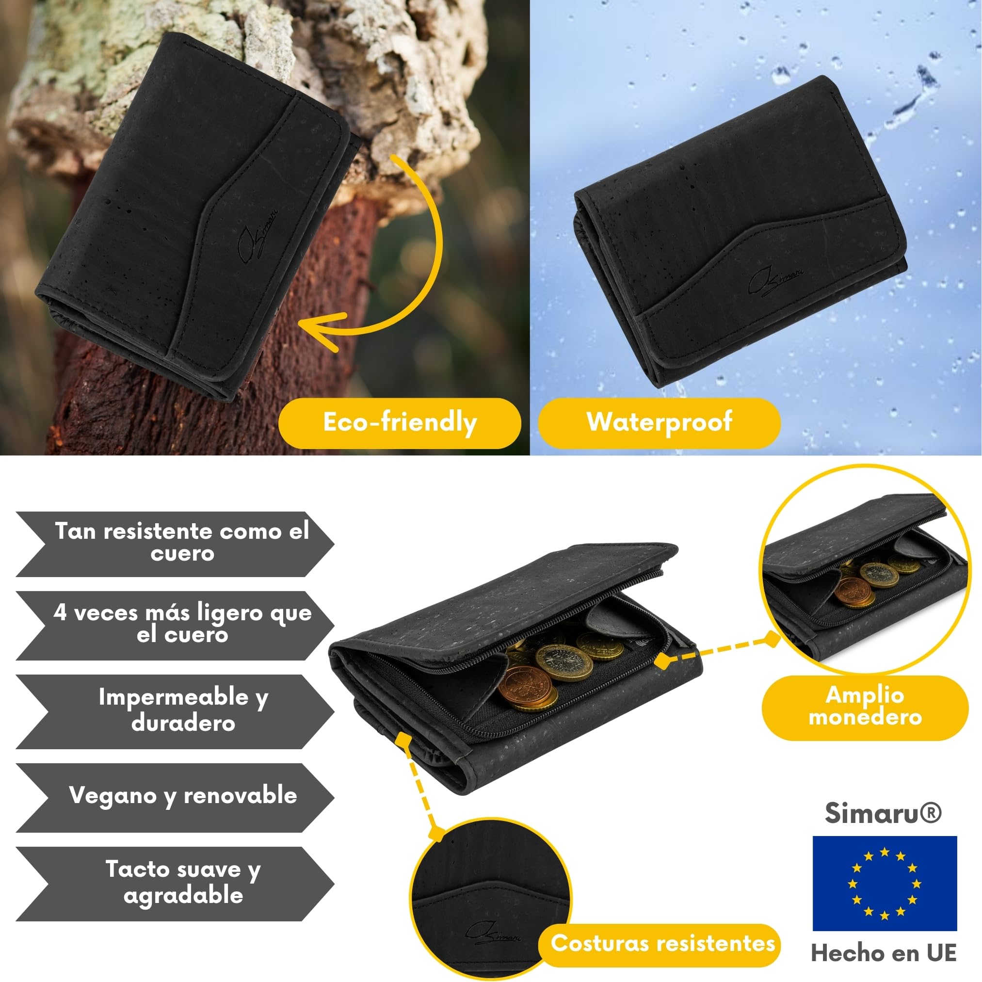 Simaru Cartera de Corcho para Mujer con Protección RFID, Monedero Vegano para 9 Tarjetas con Compartimentos para Billetes y Monedas, Sostenible y Fabricada en Europa (Negro)