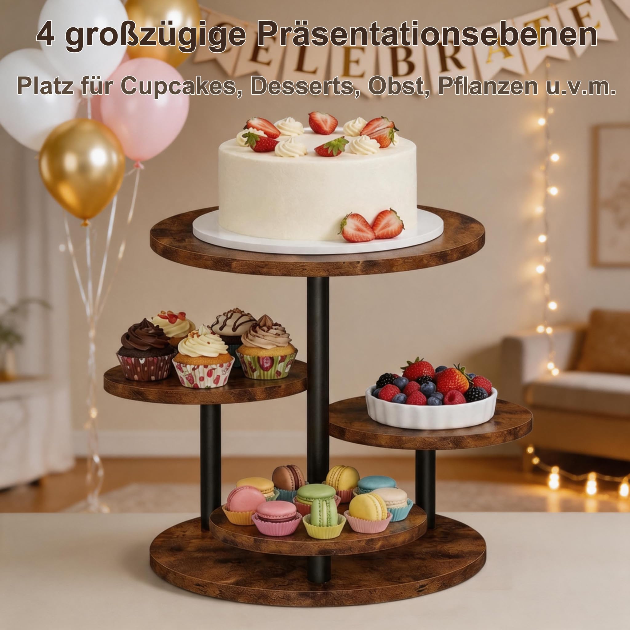 FUSHITON 360° drehbarer 4-stöckiger Ständer aus melaminbeschichtetem MDF & Metall, Etagere für Kuchen, Cupcakes, Deko, Pflanzen, Party, Kaffeetafel, Ø30/20 cm, H32,5 cm