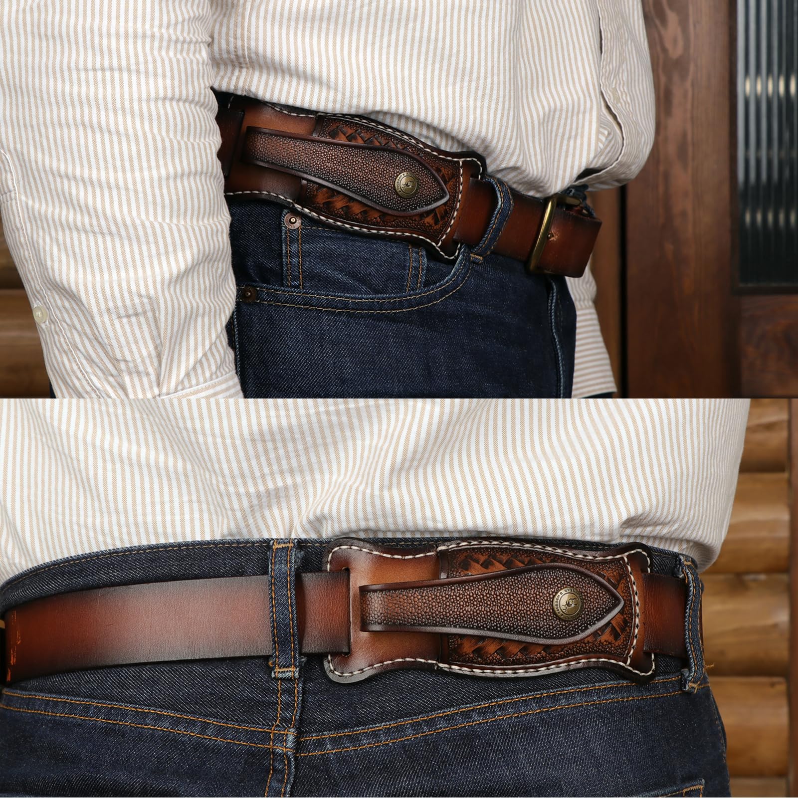 TOURBON Fodero per coltello in pelle di mucca per cintura 4" Custodia per coltello pieghevole EDC Fondina per coltello con chiusura a scatto