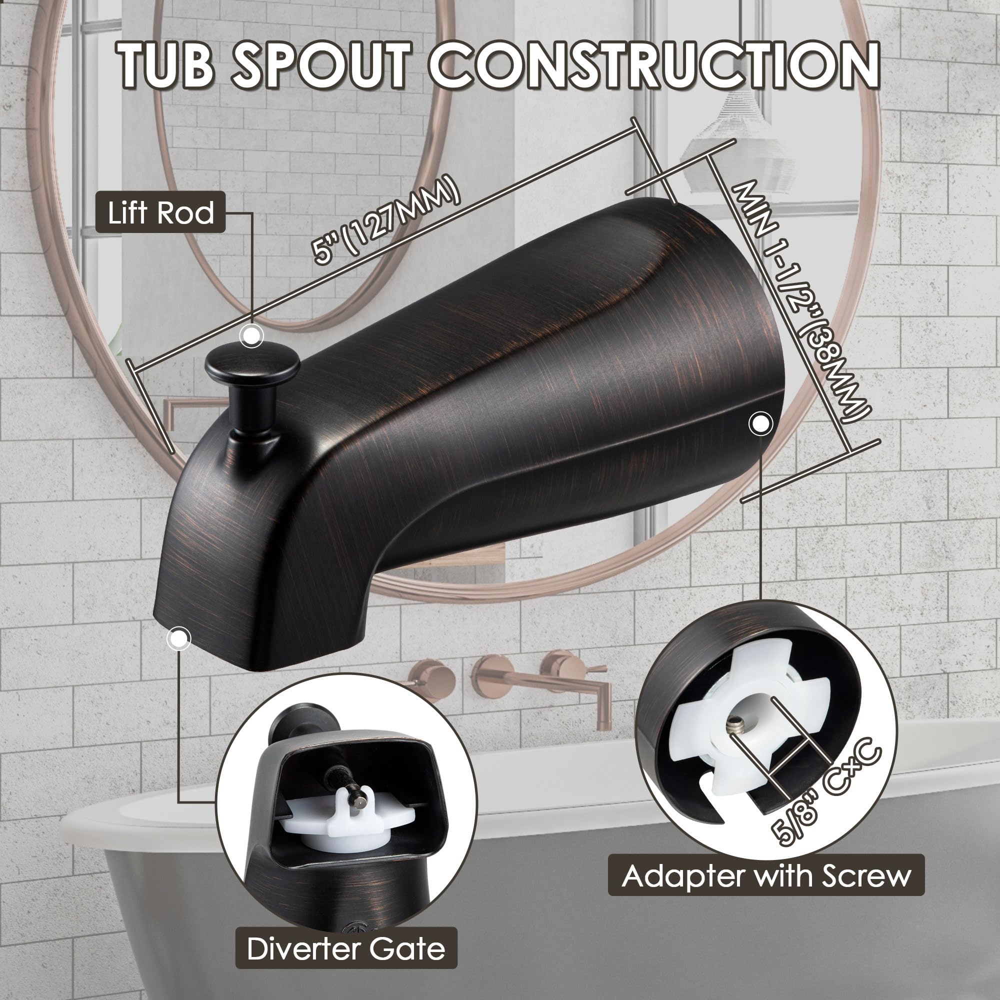 Paquete de 2 boquillas de bañera sin cordones con desviador, compatible con boquilla de tina estándar estadounidense 8888026.002, grifo de bañera de baño, se adapta a tubos de agua de cobre de 1/2