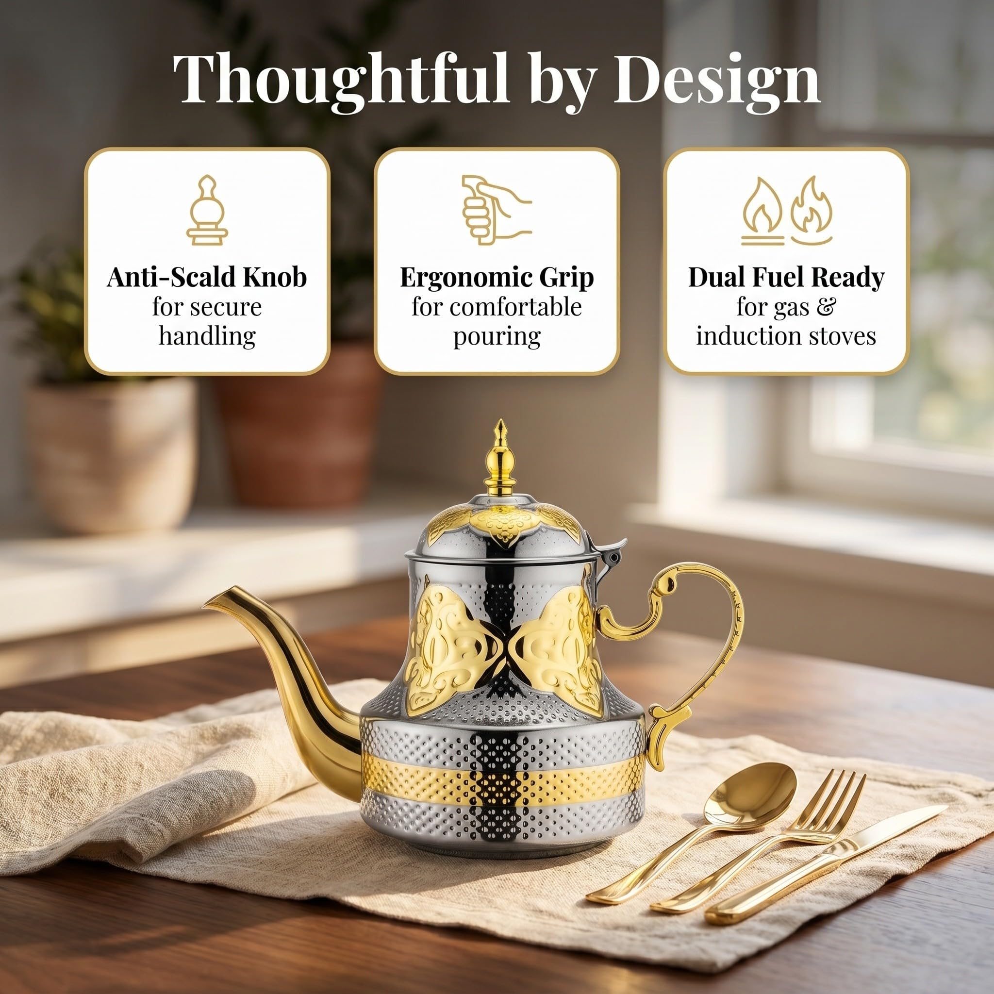 Holibanna Tetera Boquilla de Cuello de Cisne de Acero Inoxidable Marroquí 1200ml y Mango Ergonómico para Reuniones Familiares y Fiestas de Té