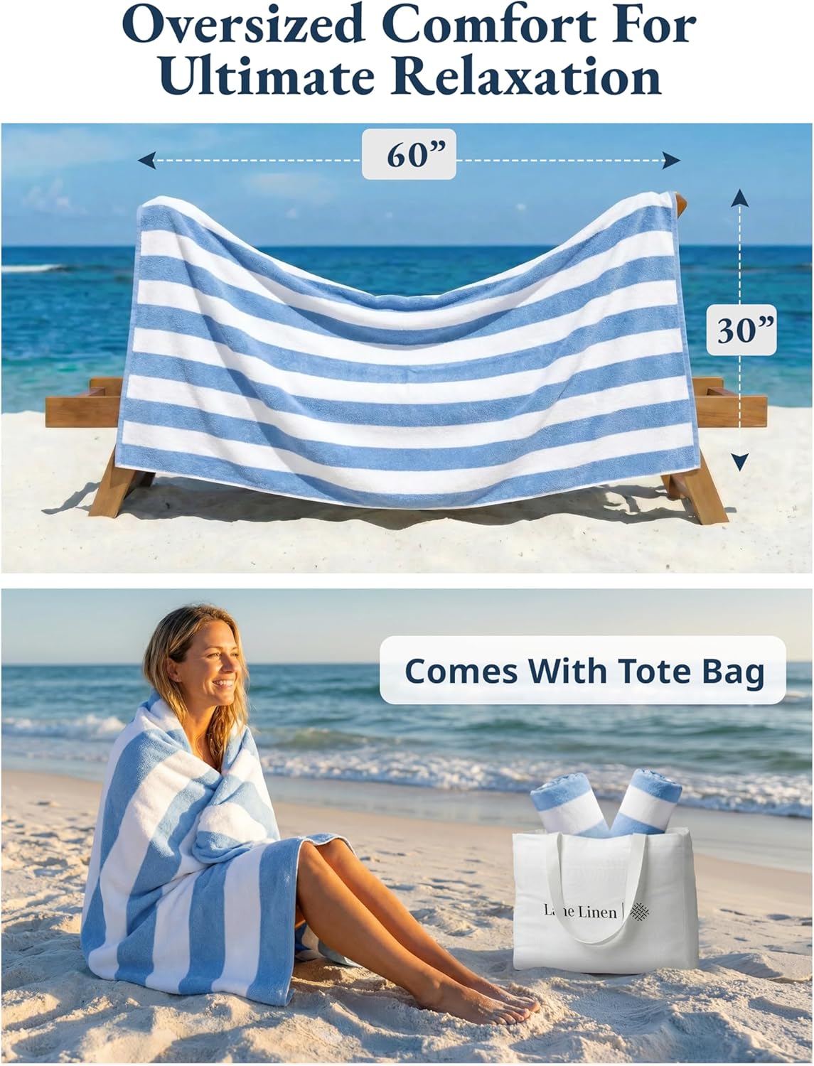 LANE LINEN 100% Cotton Beach Towel- Pack of 4 Beach Towels Set, Cabana Stripe Pool Oversized Beach Towels for Adults (30" x 60”), Highly Absorbent, Large Beach Towel, Quick Dry Towel - Light Blue