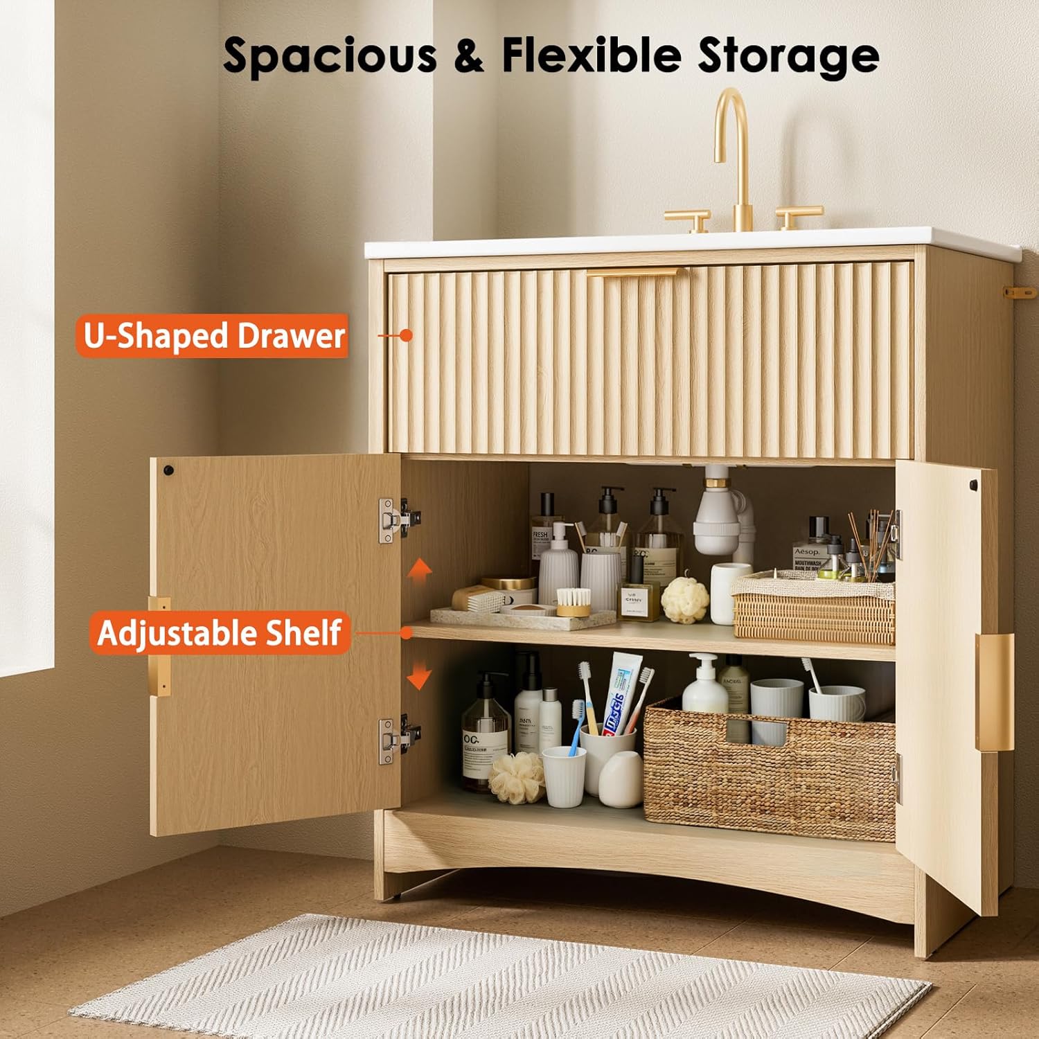 Amada 30'' Bathroom Vanity with Ceramic Sink, Modern Undermount Vanity Sink Cabinet with 2 Doors and 1 Drawer, Fluted Free Standing Bathroom Storage Cabinet with Sink Combo Set, Natural Oak