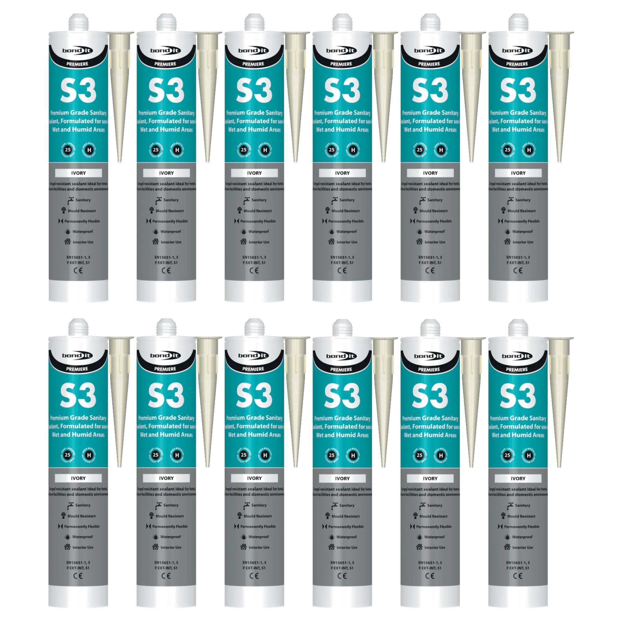 Bond It S3 Sanitary Silicone Sealant – 12x Ivory, 285ml | Premium Sanitary Grade Sealant | Mould-Resistant – Waterproof – Flexible | Silicone Sealant for Home – Bathrooms – Kitchens – & Humid Areas