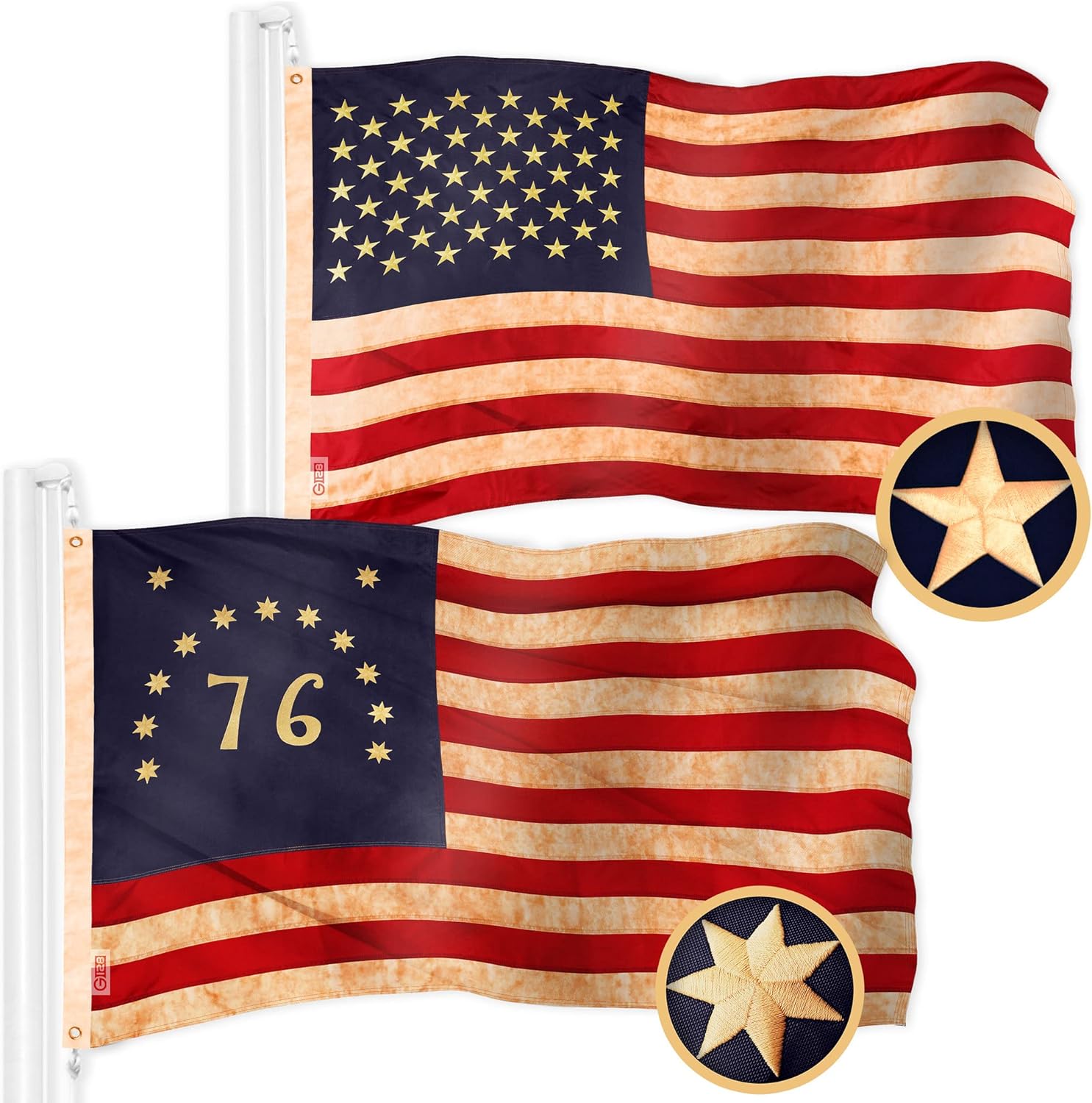 G128 Combo Pack: American USA Tea-Stained Flag 2x3 Ft & Bennington 76 Tea-Stained Flag 2x3 Ft | Both ToughWeave Pro Series Embroidered 420D Polyester, Embroidered Design, Brass Grommets