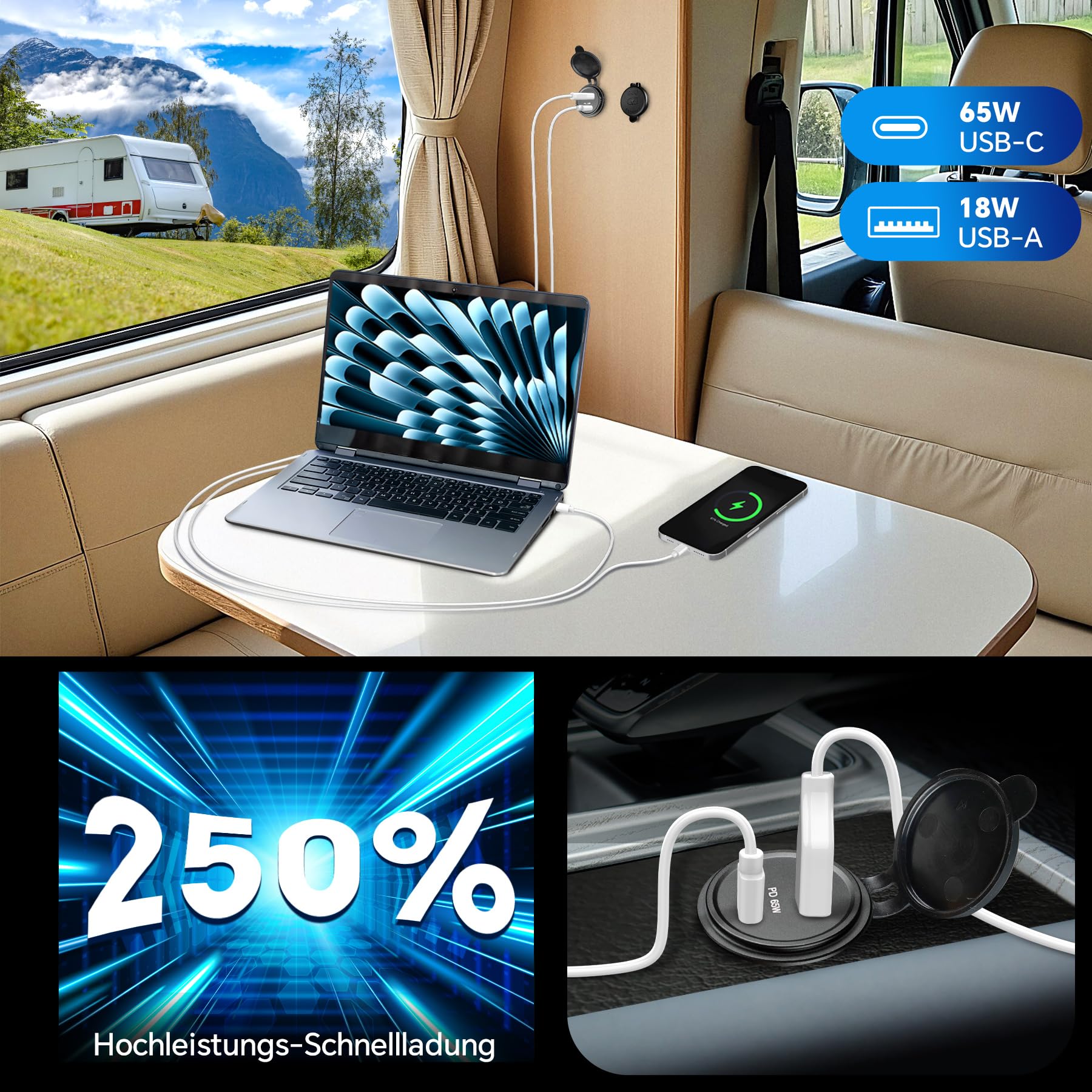 acegoo 12V USB C Steckdose 65W PD & 18W QC, Wohnmobil Auto USB Dose Buchse 12 Volt KFZ Zigarettenanzünder Wasserdicht Laptop Ladegerät für Camper Auto Motorrad Boot LKW Wohnwagen, 2 Stück
