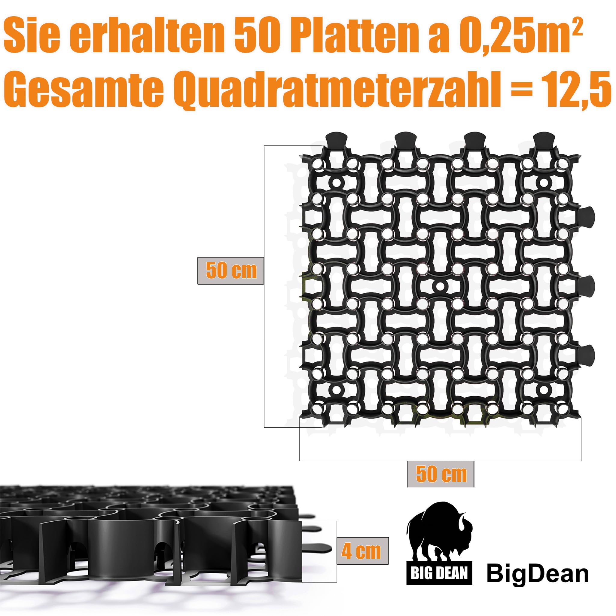 BigDean Rasengitter Kunststoff 100 Stück a 50 x 50 x 4 cm - 16 t/m² belastbar & befahrbar Paddockplatten in schwarz (25 m²)