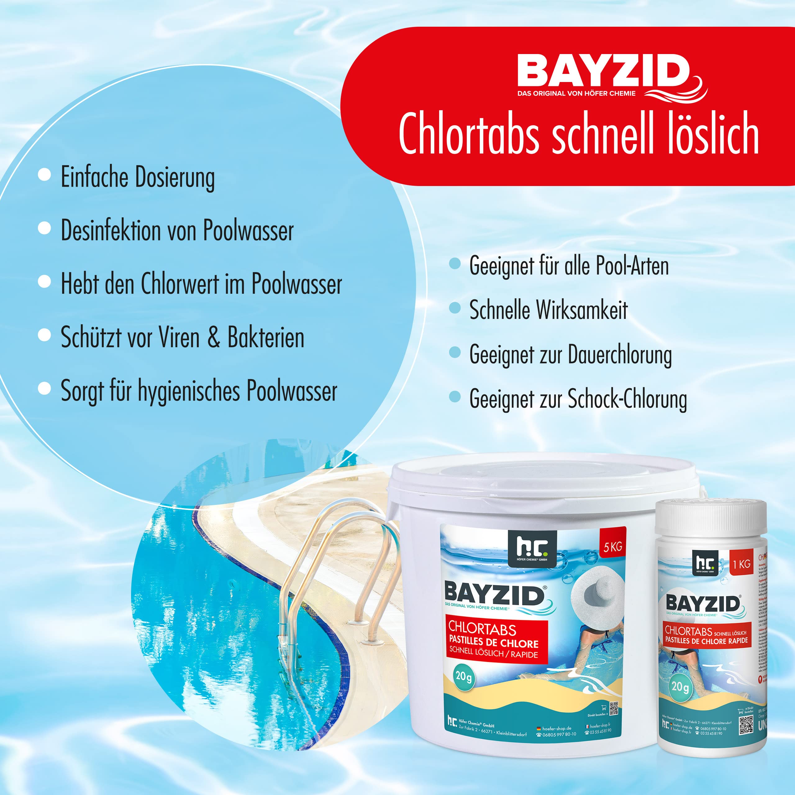 5 kg Pool Chlor Tabletten 20g BAYZID schnell löslich mit 56% Aktivchlorgehalt für Pool & Schwimmbad von Höfer Chemie