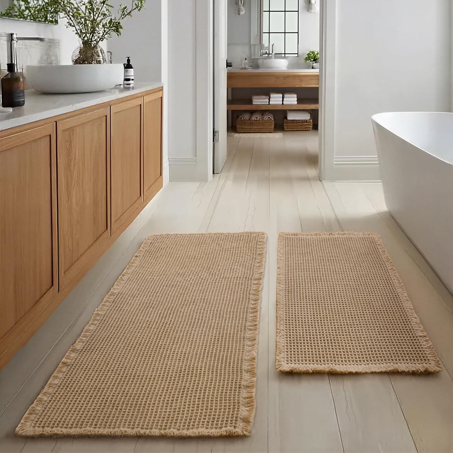 JIUZHEN Set of 2 Waffle Bath Mats Non Slip Waffle Bathroom Runner Rug Washable Boho Runner Bath Rugs Super Absorbent Shower Mat for Bathroom Kitchen Hallway Laundry, 20" x 32" +24" x 48", Brown