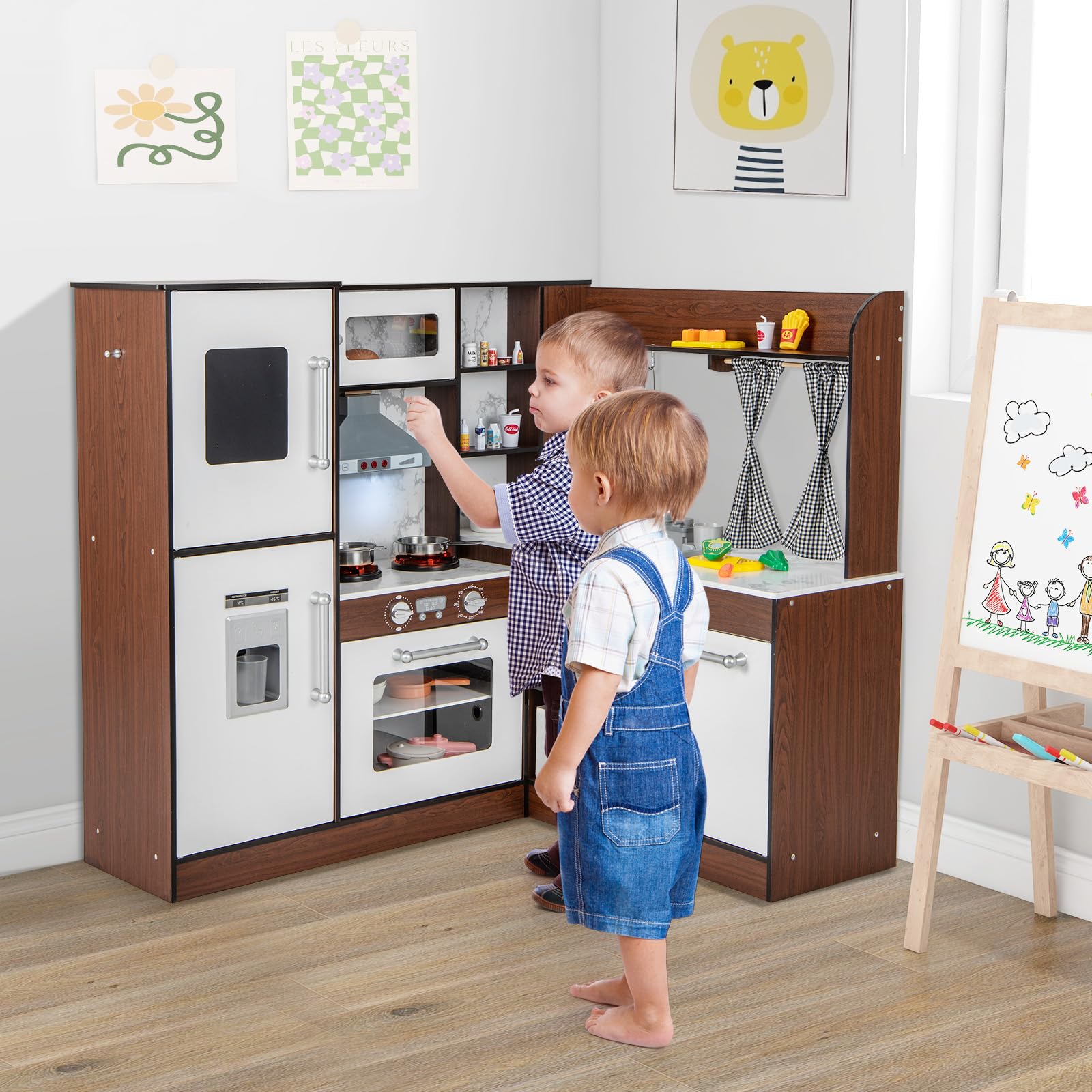 COSTWAY Kinderküche mit Wasserpumpfunktion, Spielküche Holz mit Licht & Sound, Kinder Küche inkl. Zubehör & Körbe & Vorhänge & Haube, Multifunktionale Spielzeugküche für Kinder ab 3 Jahren (Luxus)