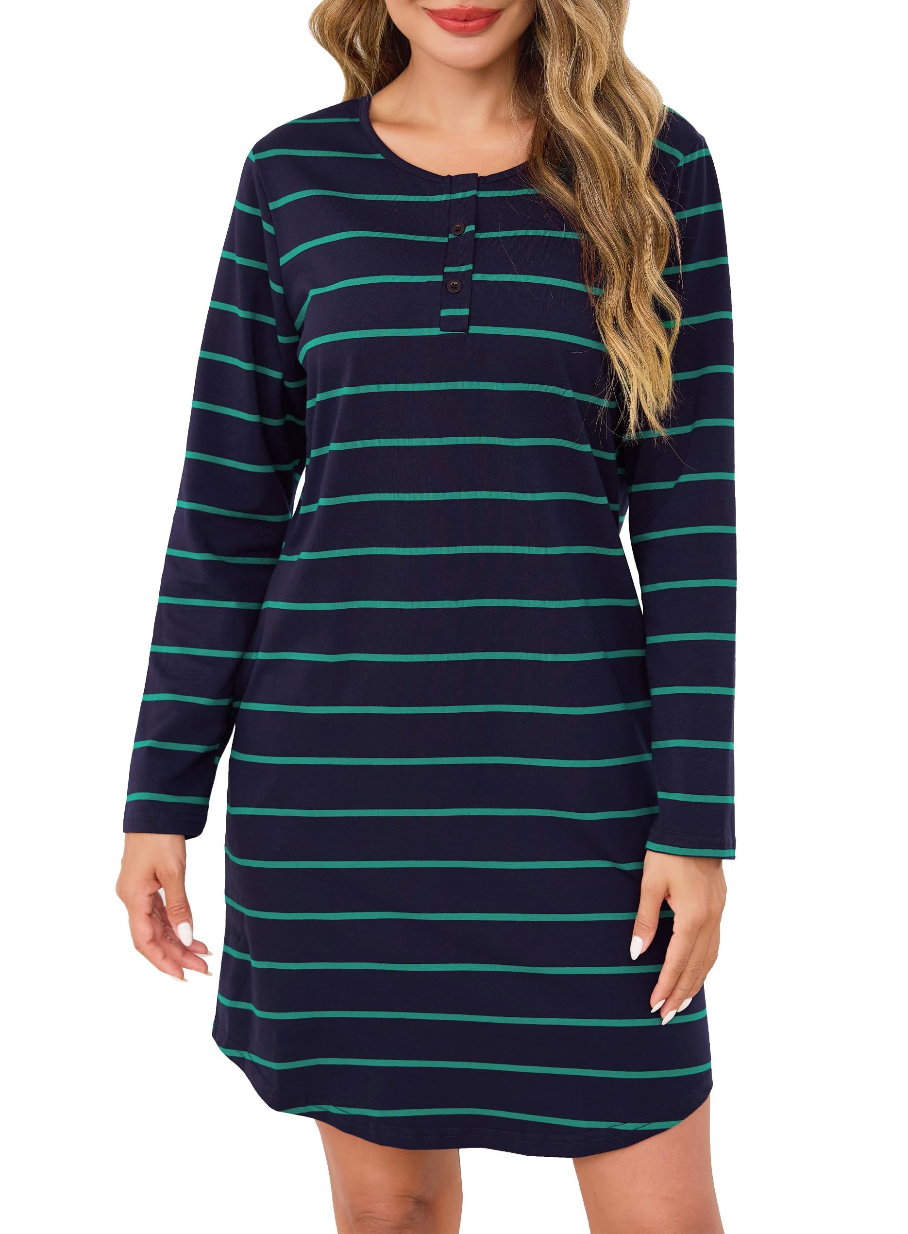 Lovasy Nachthemd Damen Baumwolle Schlafshirt Streifen Nachthemden für Damen mit Knopfleiste und Zwei Taschen