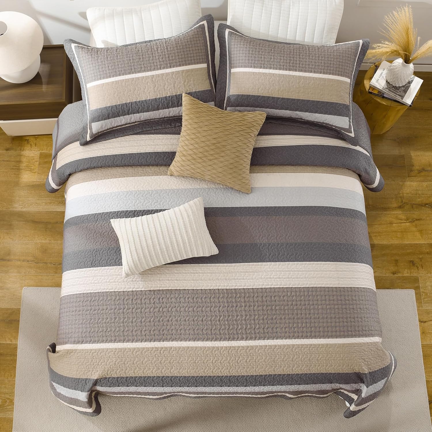 100% Cotton Quilts Queen Size, Queen Quilt Bedding Set Bedspread, Striped Quilt for Queen Bed, 3 Pieces Farmhouse Reversible Lightweight Comforter Bed Spread, Gray/Brown/Beige - Image 4
