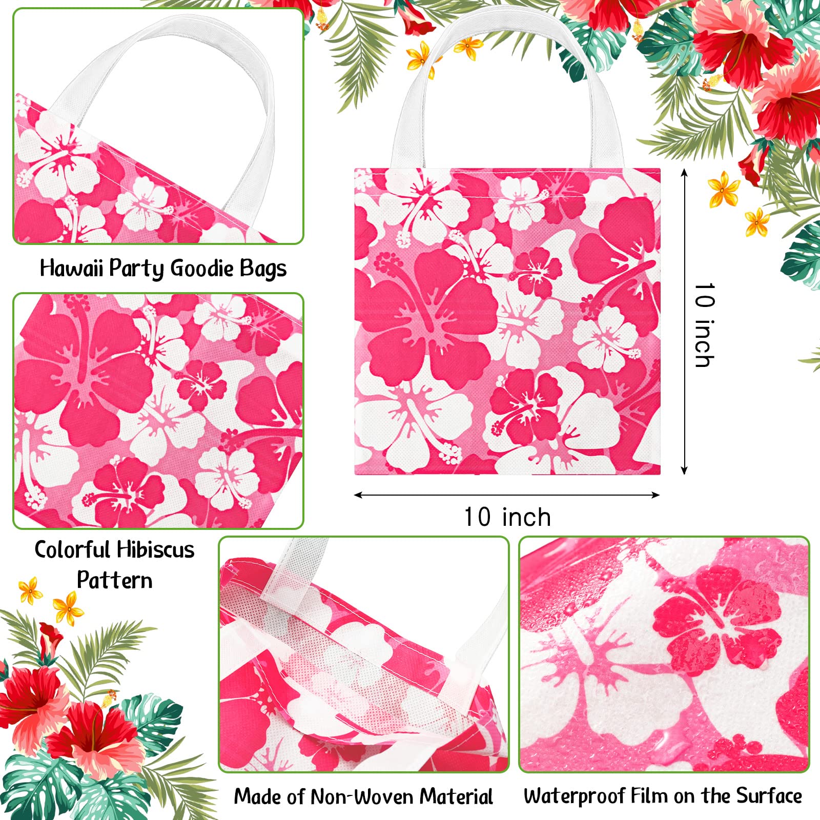 Teling 24 Pcs Hawaiian Party Favor Bags Hibiscus Tropical Tiki Luau Goodie Gift Bags with Handle for Kids Non Woven Summer Birthday Party Supplies