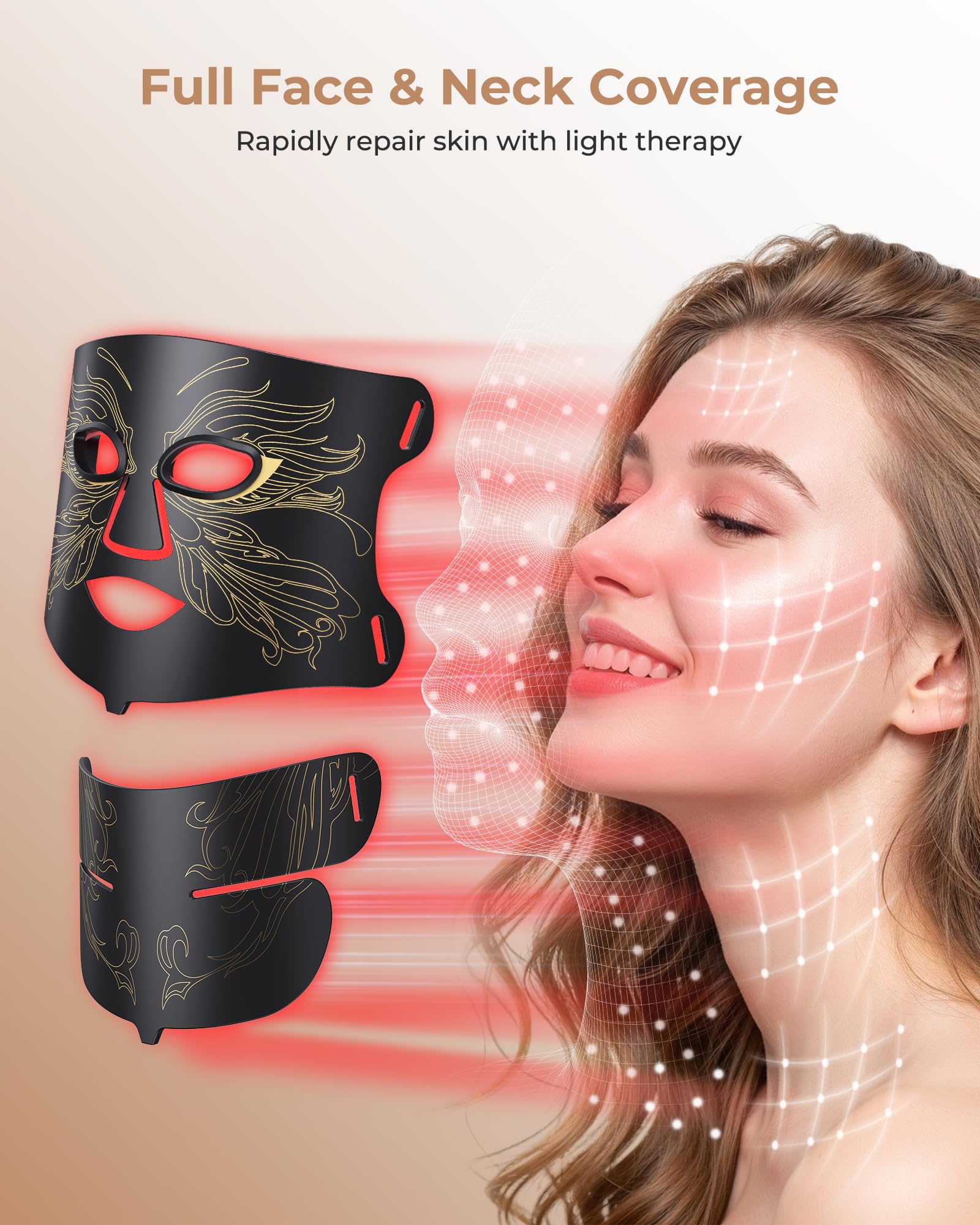 LED Light Therapy mask (E106A) Red Light Therapy for Face and Neck, 7-in-1 Colors Led Face Mask Light Therapy with 324 LED Beads, 5 Brightness Levels & 20 Mins Timer Function for Home & Travel