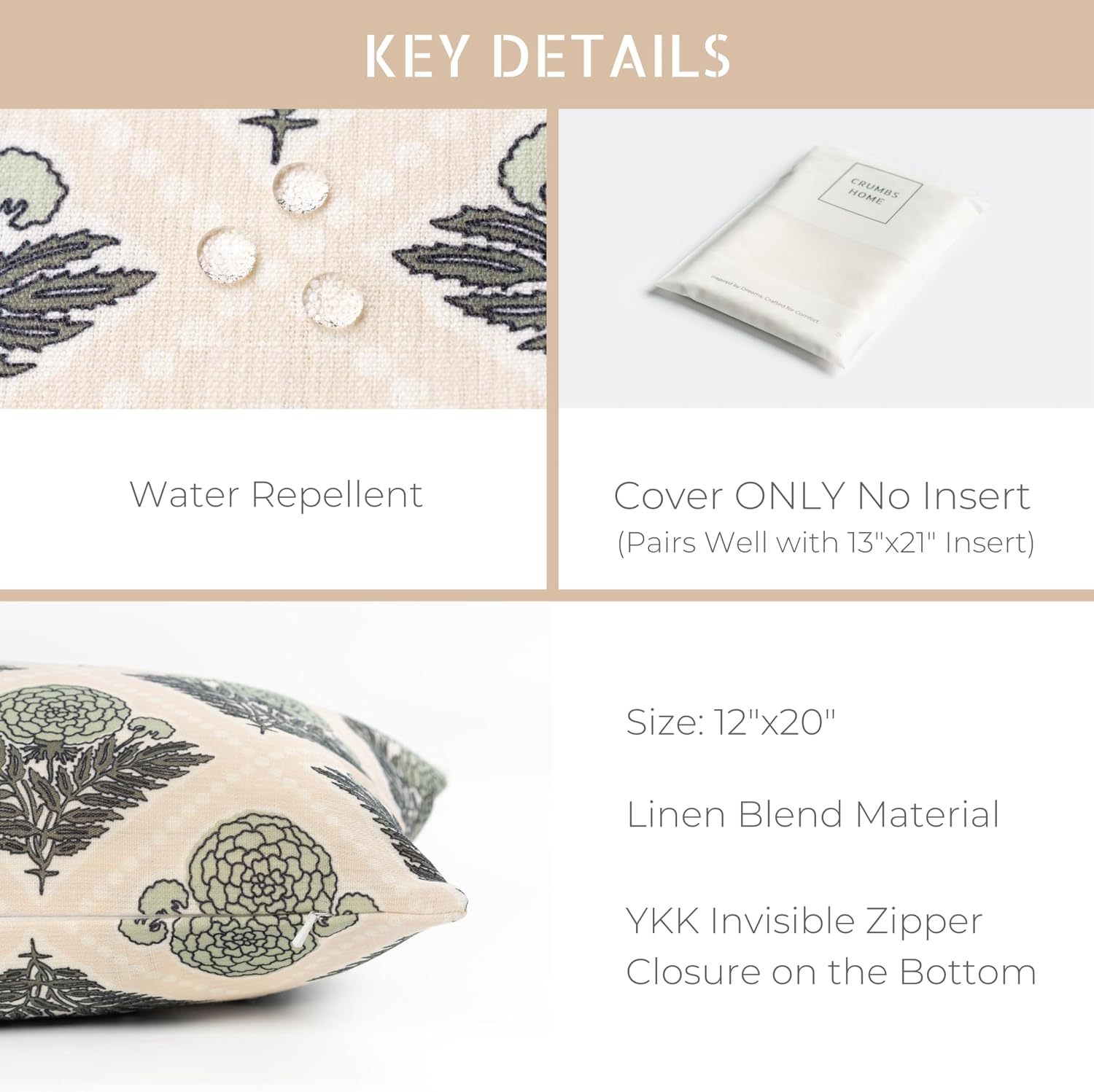 Crumbs Home Modern Farmhouse California Casual Indoor Outdoor Lumbar Pillow Cover, 12"x20" Water Repellent for Patio, Backyard, Couch, Earth Tone Light Green Tan Block Print Vintage Hydrangea Flowers
