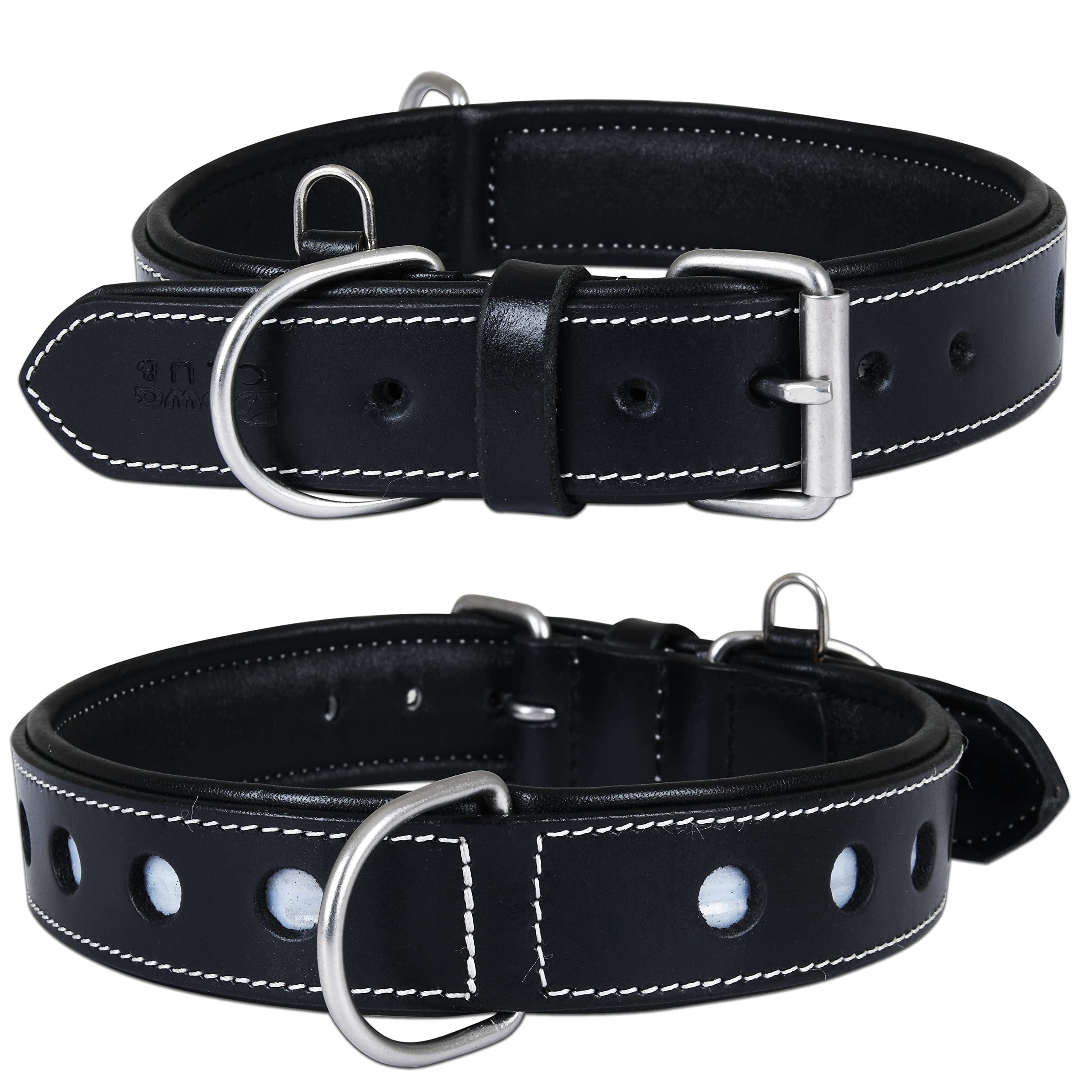DowgClub Reflective Full-Grain Leather Dog Collar, Extra Large, Black