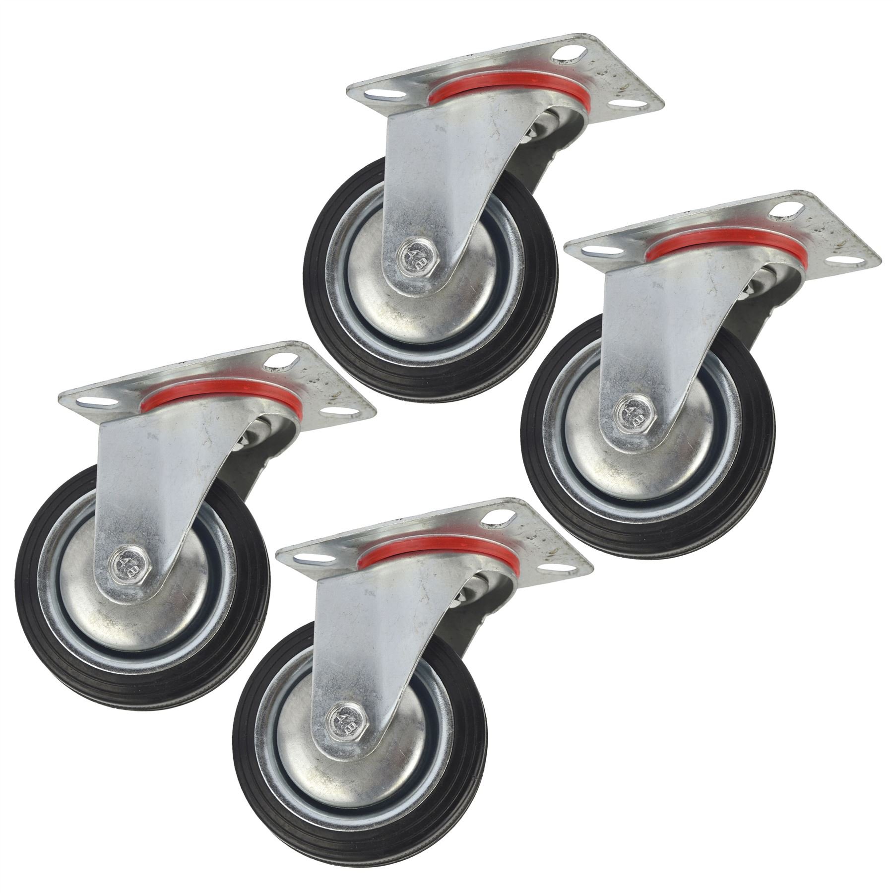Ab Tools Black 3" - 75Mm 4Pc Rubber Swivel Castor Wheels Trolley Furniture Caster 25Kg Each
