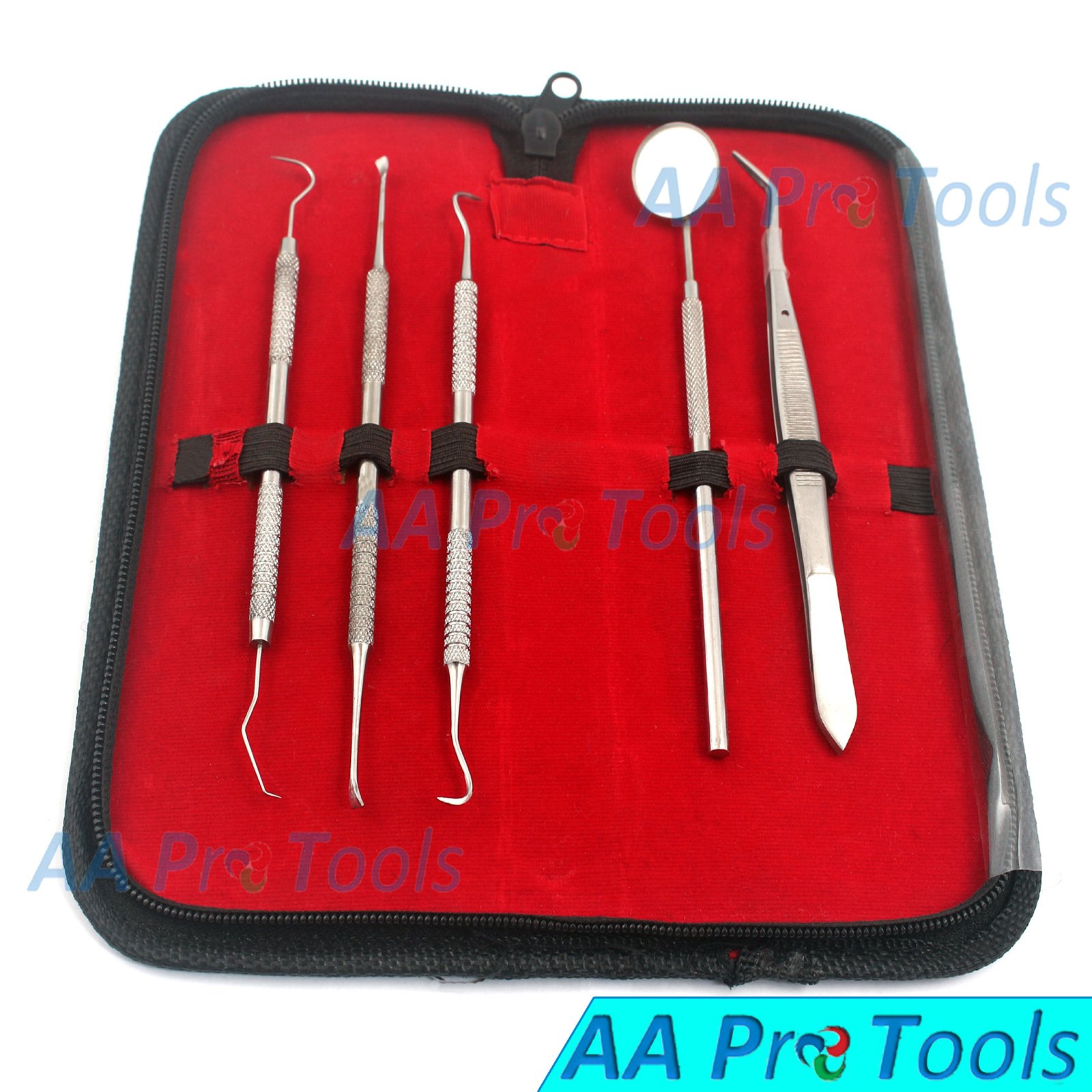 Dentist Tools KIT by AA PRO – Set of Dental Tools– Included Anti Fog Mirror, Tartar Scraper, Dental Pick, Dental Scaler, Dental Forceps and Carrying Pouch - for Both Personal and PET USE